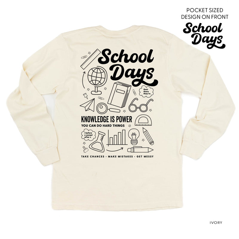 School Days Pocket Design on Front w/ Full School Days Design on Back - LONG SLEEVE COMFORT COLORS TEE