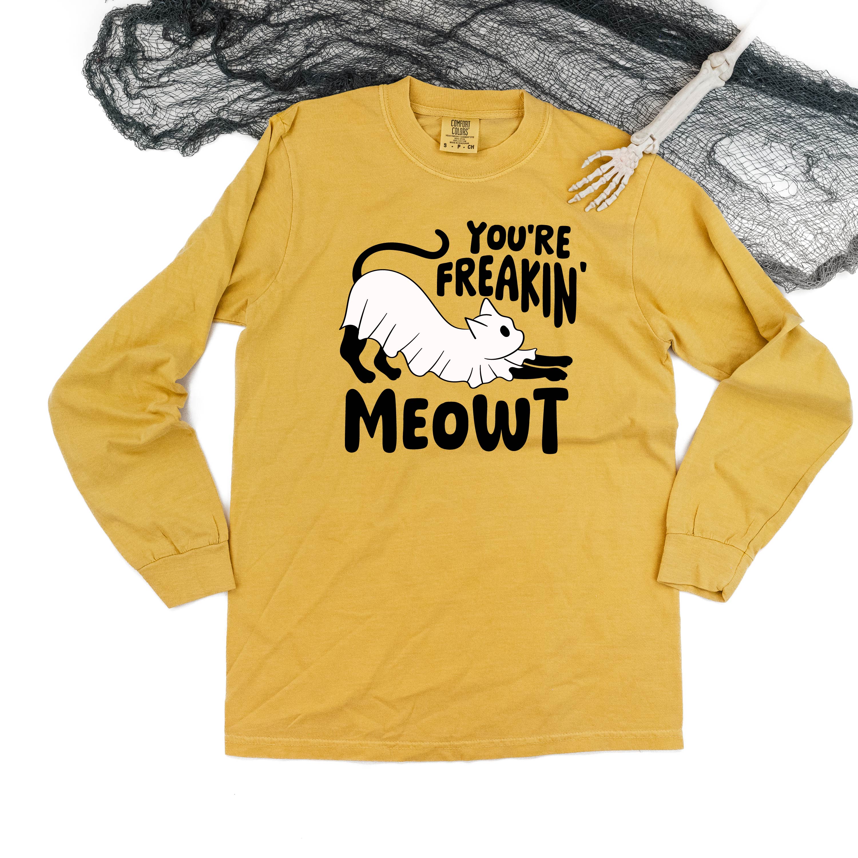 You're Freakin' Meowt! (with lower back detail) - Long Sleeve Comfort Colors Tee Little Mama Shirt Shop
