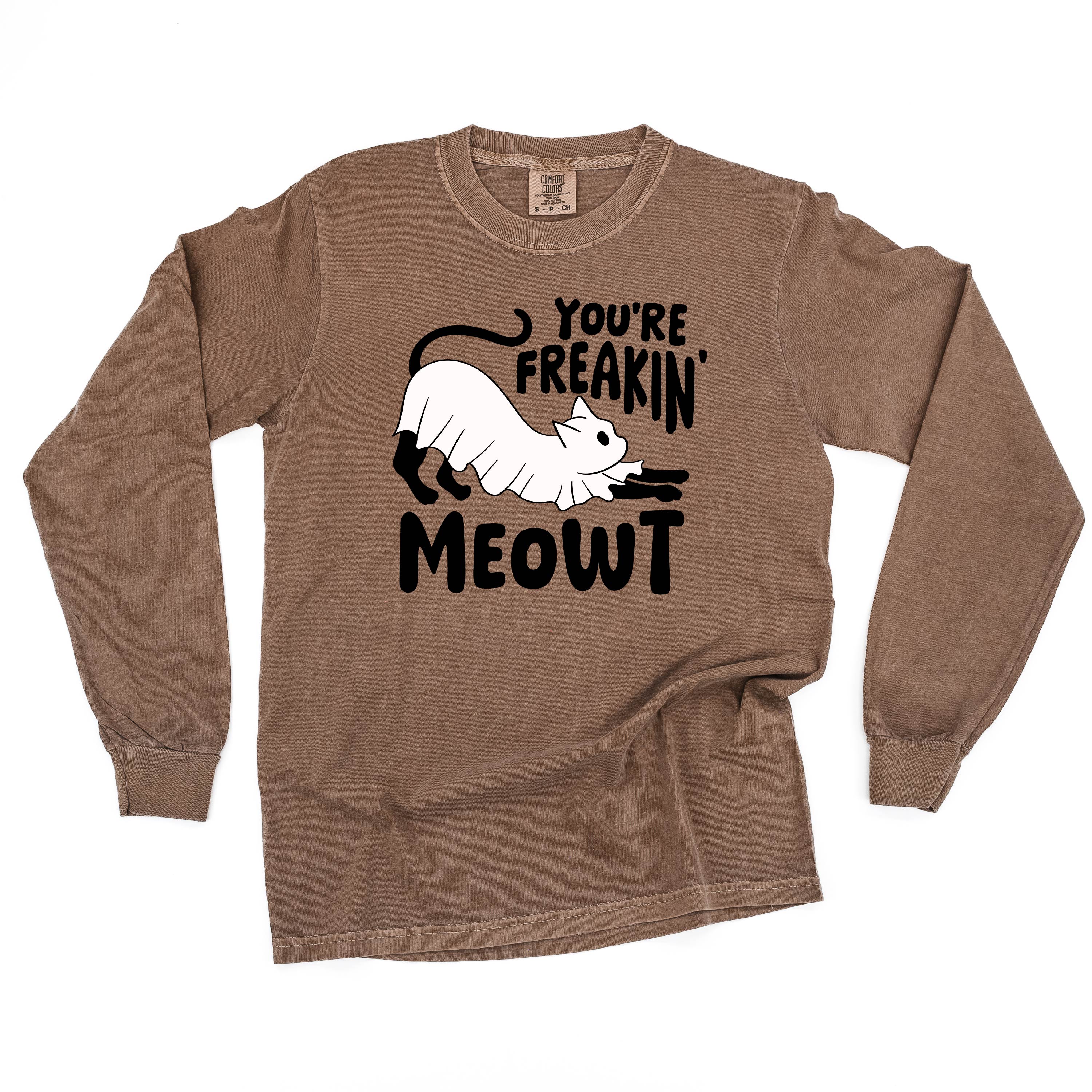You're Freakin' Meowt! (with lower back detail) - Long Sleeve Comfort Colors Tee Little Mama Shirt Shop