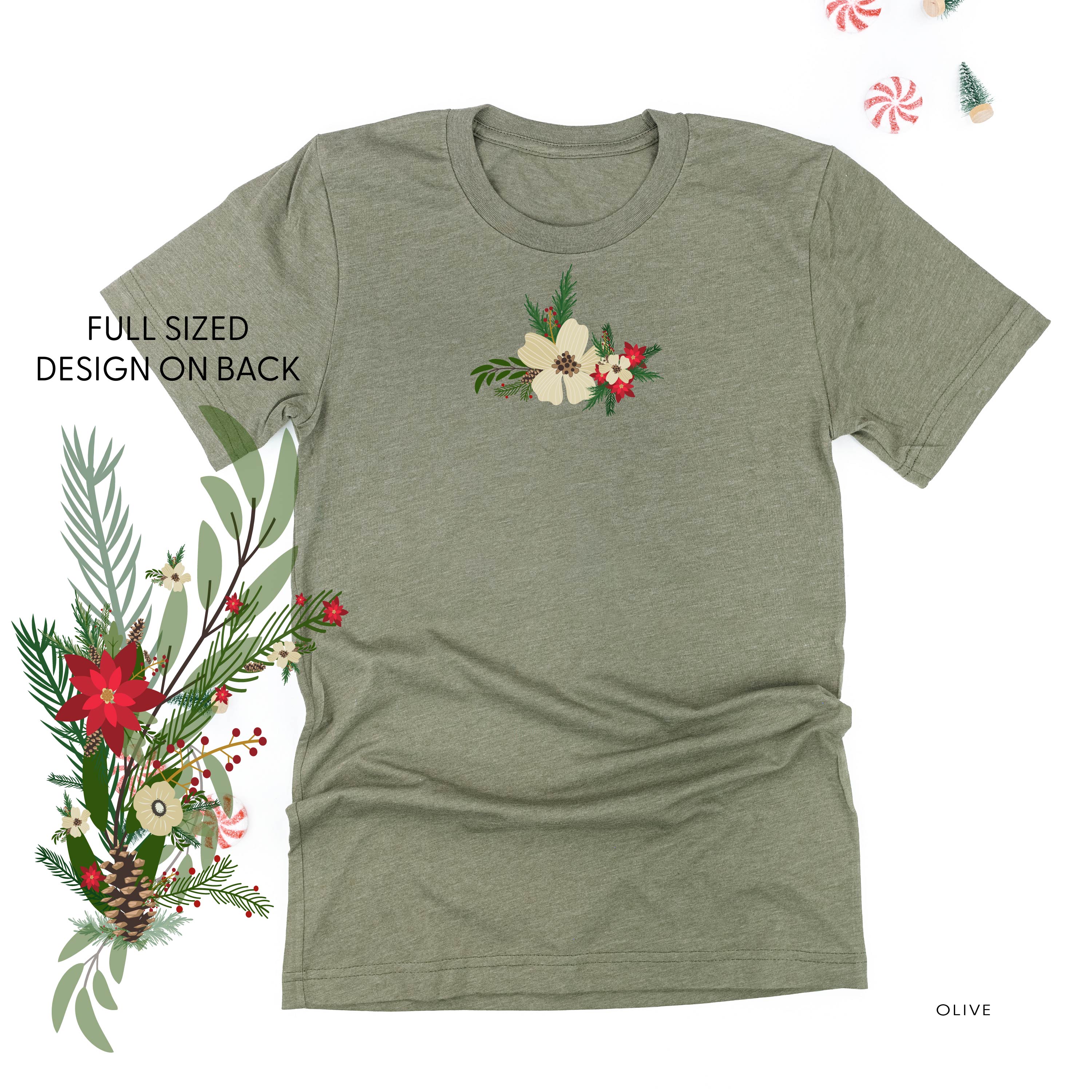 Poinsettia & Winter Flower Cascade (centered & b) - Unisex Tee Little Mama Shirt Shop