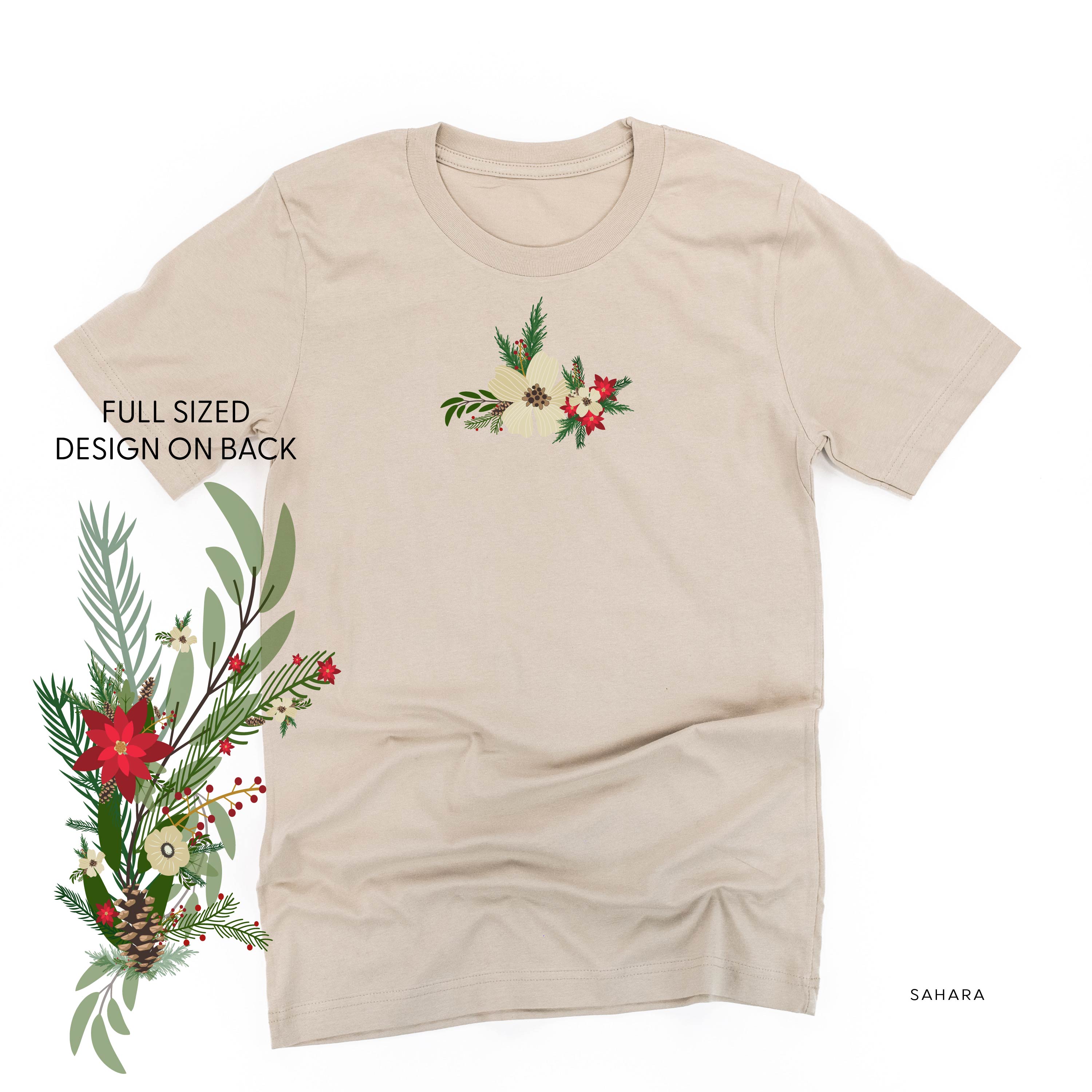 Poinsettia & Winter Flower Cascade (centered & b) - Unisex Tee Little Mama Shirt Shop