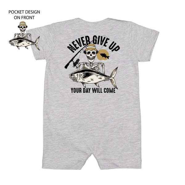 Fishing Skelly Pocket Design on Front w/ Never Give Up on Back - Short Sleeve / Shorts - One Piece Baby Romper