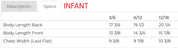 Infant tee size chart with sizes 3/6 months to 12/18 months with measurements in inches - Little Mama Shirt Shop