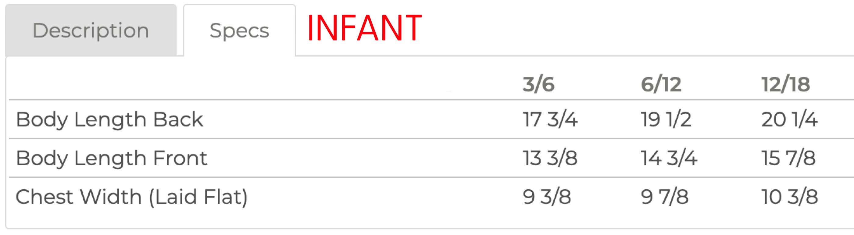 Infant tee size chart with sizes 3/6 months to 12/18 months with measurements in inches - Little Mama Shirt Shop