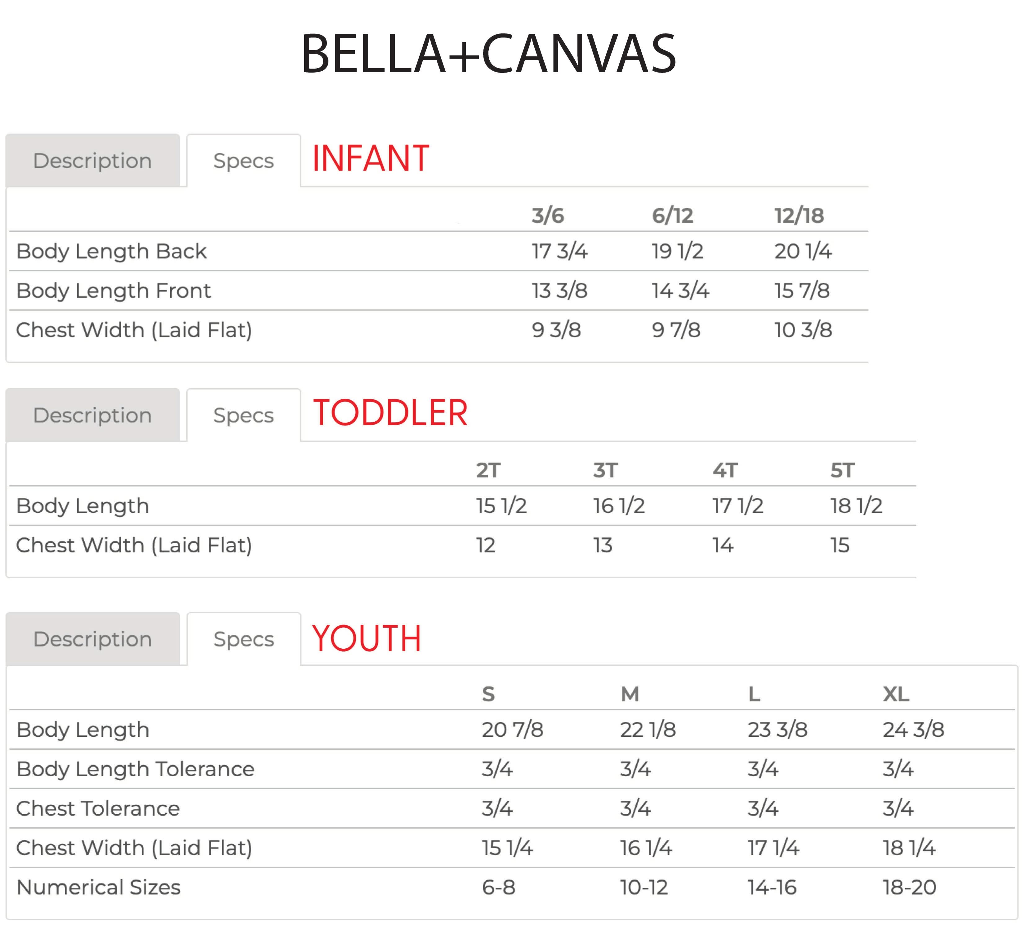 Child bella canvas tee size chart with sizes from 3/6 months to XL with measurements in inches - Little Mama Shirt Shop