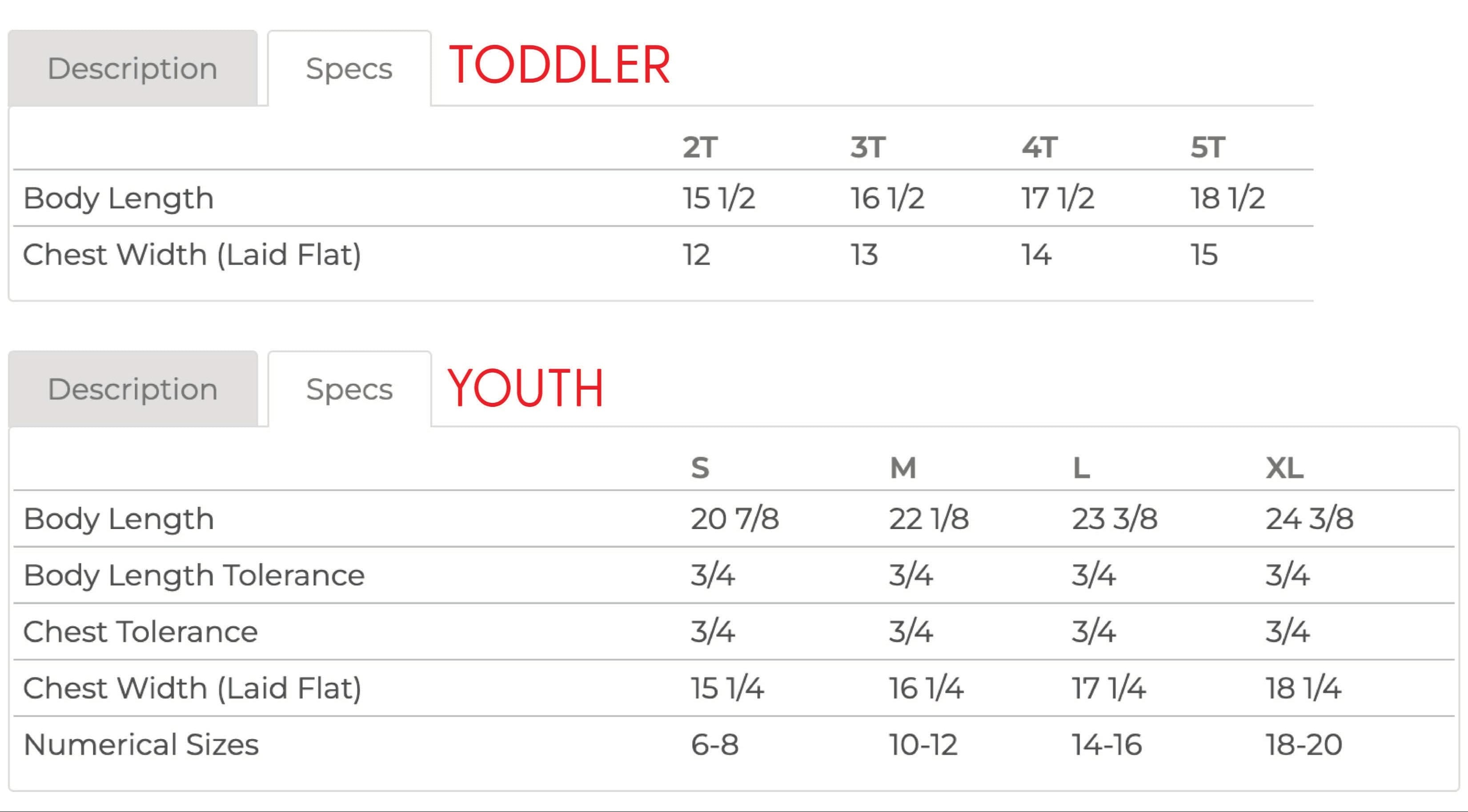 Toddler and youth size chart with sizes 2T to 5T and S to XL with measurements in inches - Little Mama Shirt Shop