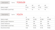 Toddler and youth size chart with sizes 2T to 5T and S to XL with measurements in inches - Little Mama Shirt Shop