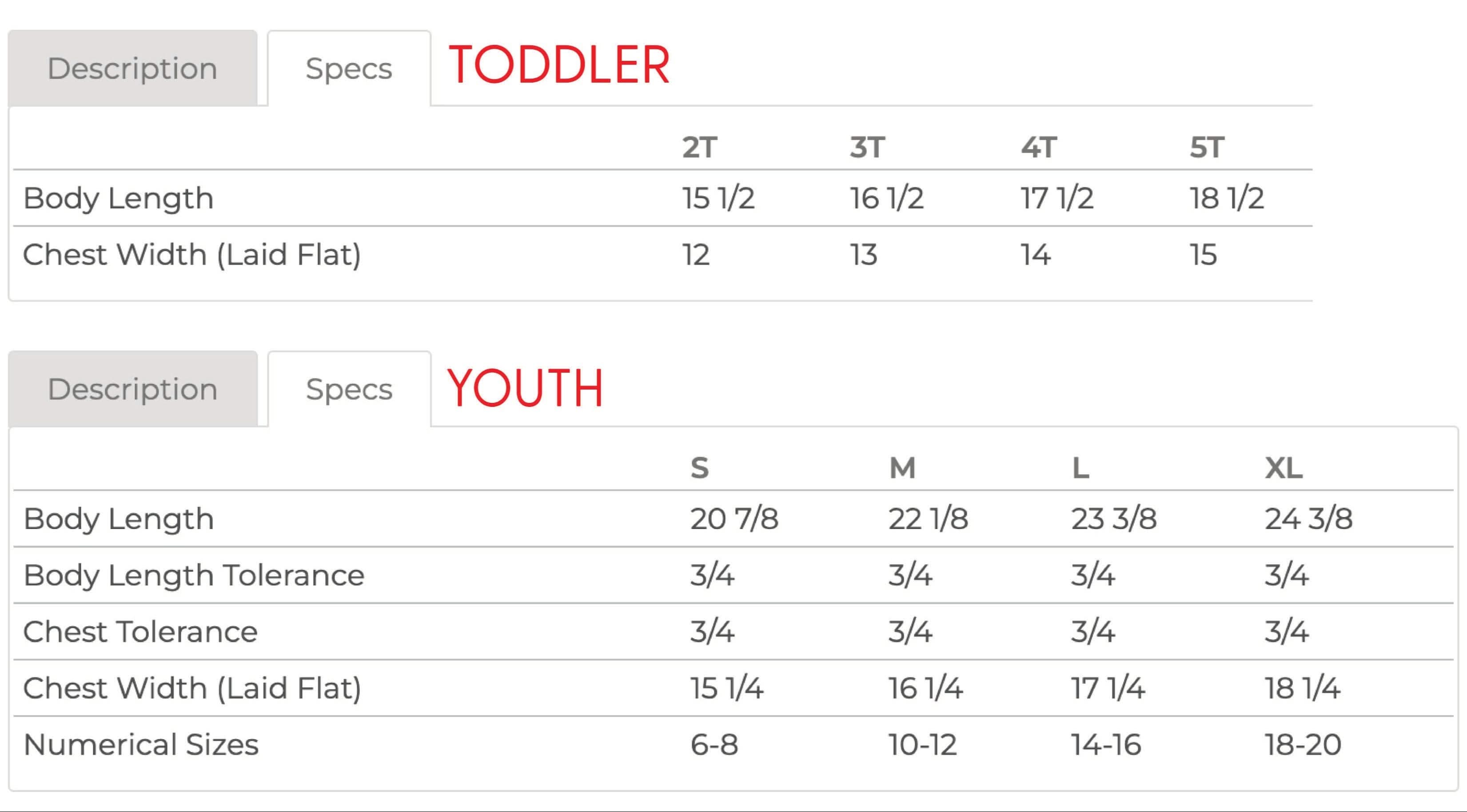 Toddler and youth tee size chart with sizes 2T to XL with measurements in inches - Little Mama Shirt Shop