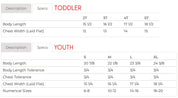 Toddler and youth tee size chart with sizes 2T to XL with measurements in inches - Little Mama Shirt Shop