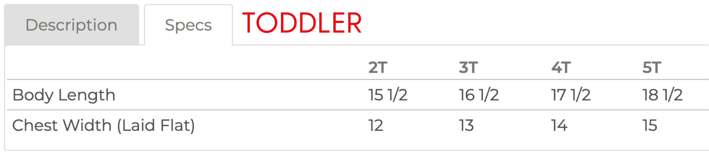 Toddler tee size chart with sizes 2T to 5T with measurements in inches - Little Mama Shirt Shop