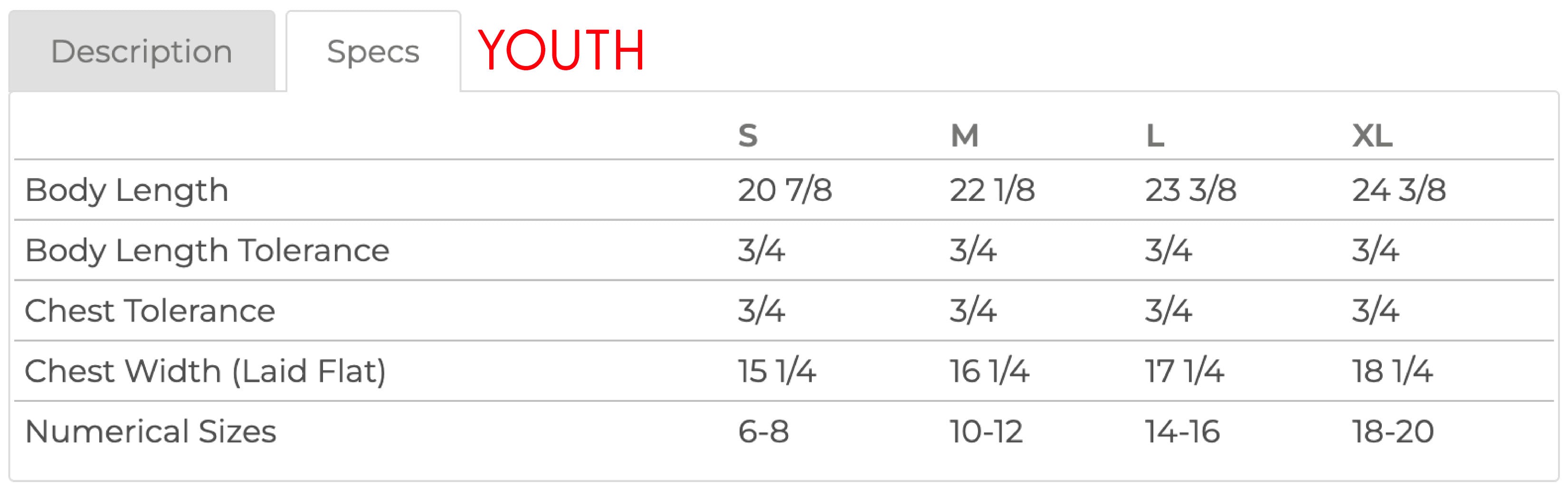 Size chart for youth tee in sizes small to XL with measurements in inches - Little Mama Shirt Shop