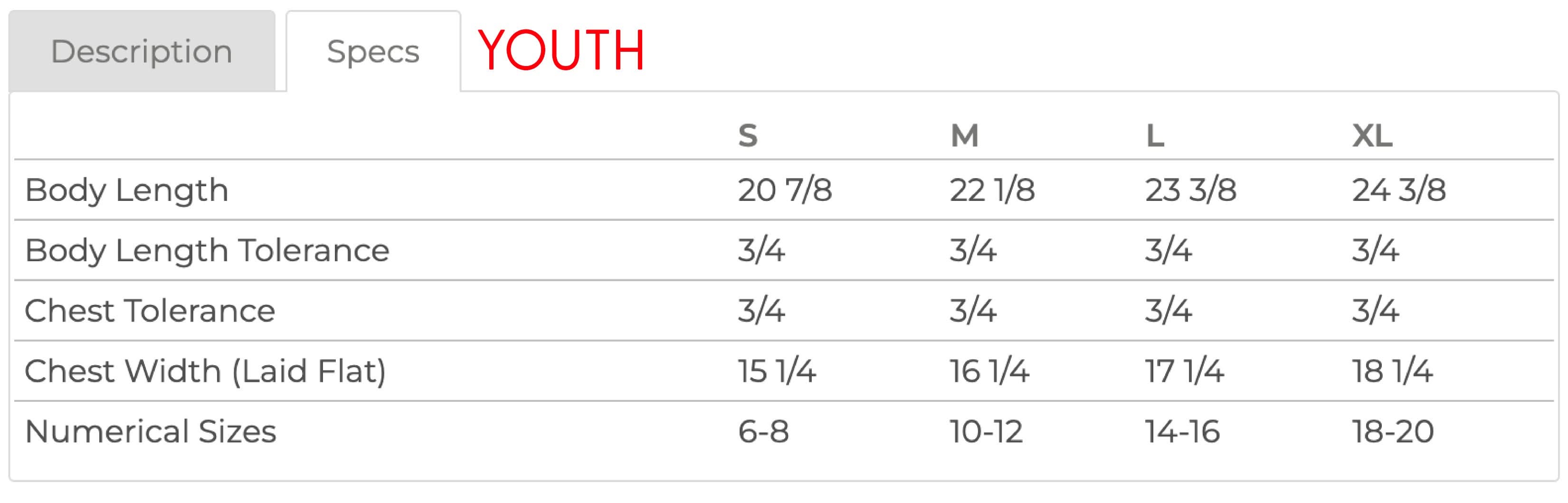 Youth tee size chart with sizes S to XL with measurements in inches - Little Mama Shirt Shop