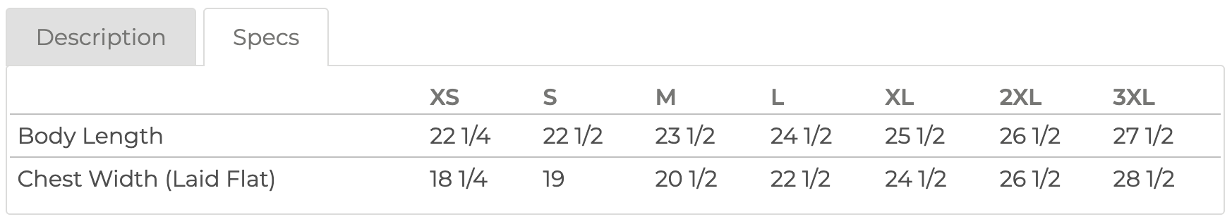 Size chart for women's everyday tee in sizes XS to 3XL with measurements in inches - Little Mama Shirt Shop