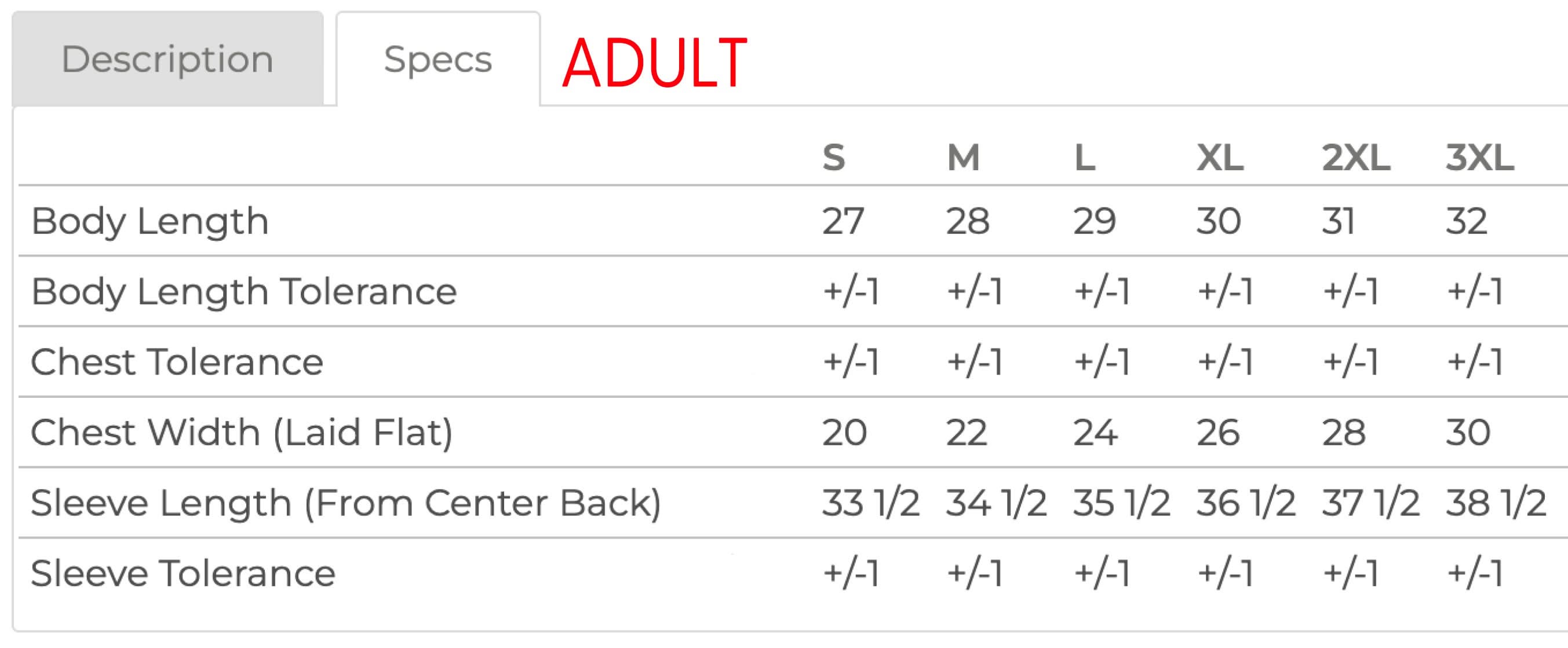 Adult sweater size chart with sizes S to 3XL with measurements in inches - Little Mama Shirt Shop