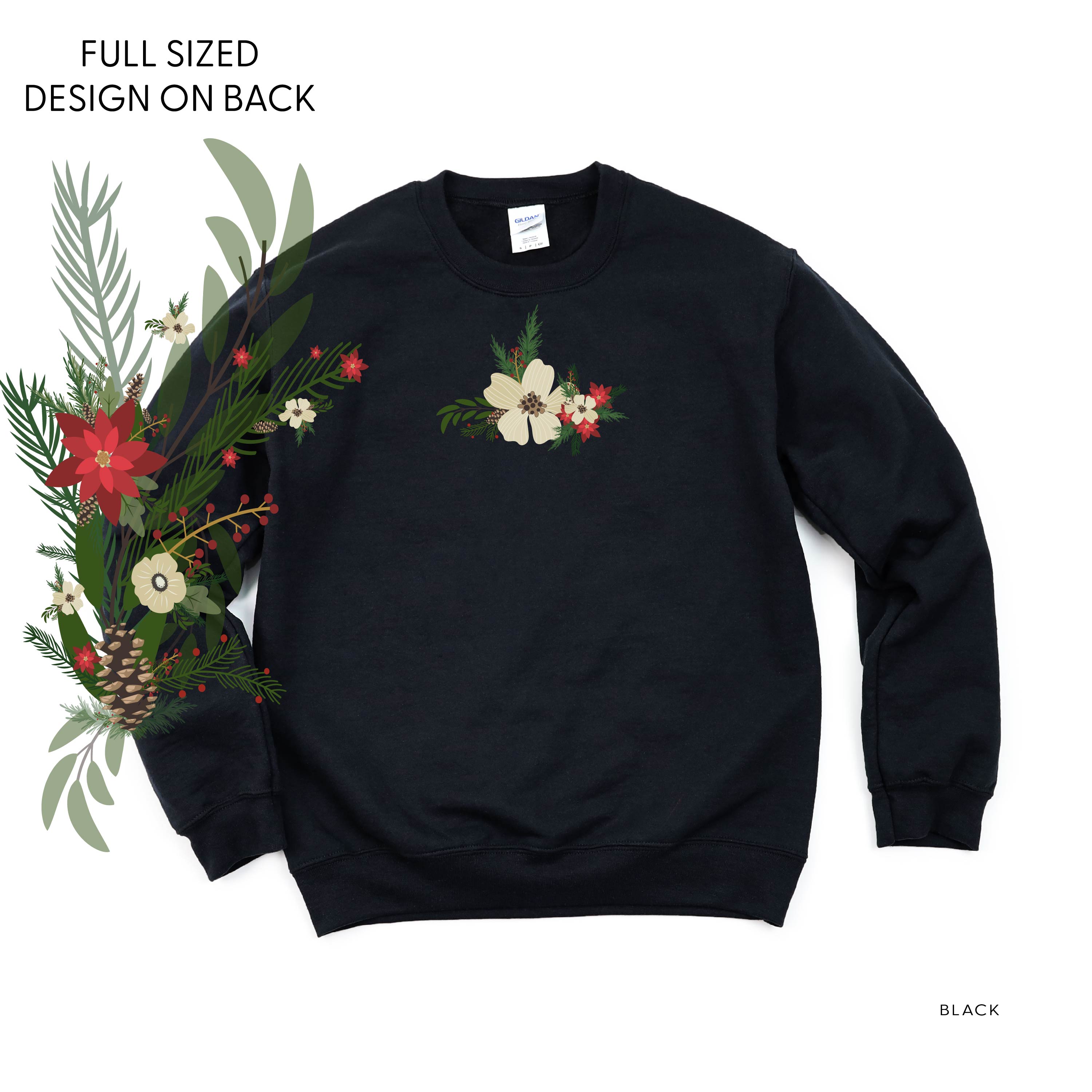 Poinsettia & Winter Flower Cascade (centered & b) - BASIC Fleece Little Mama Shirt Shop LLC