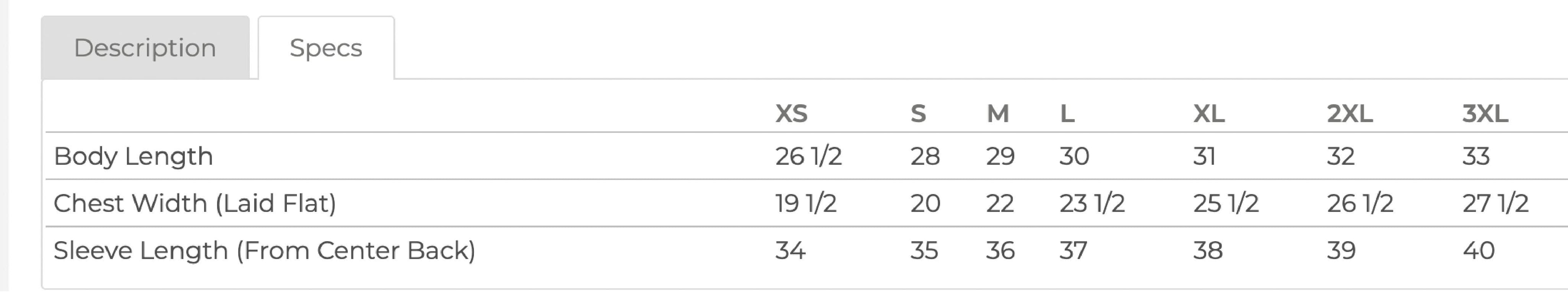 size chart for quarter zip with measurements in inches – Little Mama Shirt Shop