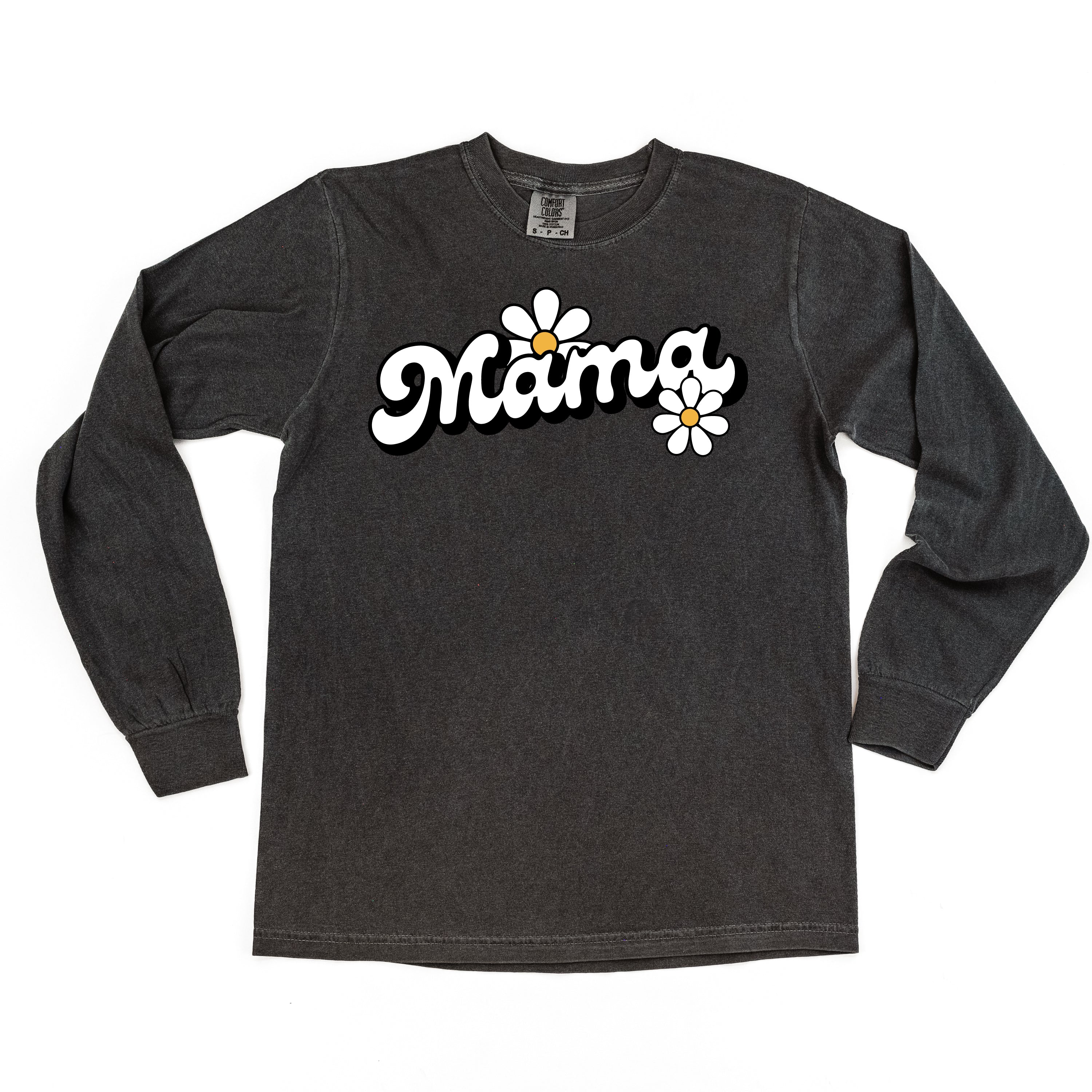 DAISY - MAMA - w/ Full Daisy on Back - LONG SLEEVE COMFORT COLORS TEE Little Mama Shirt Shop