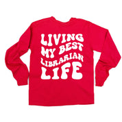 Living My Best Librarian Life - Melty Smiley (pf & b) - LONG SLEEVE Comfort Colors Tee Little Mama Shirt Shop