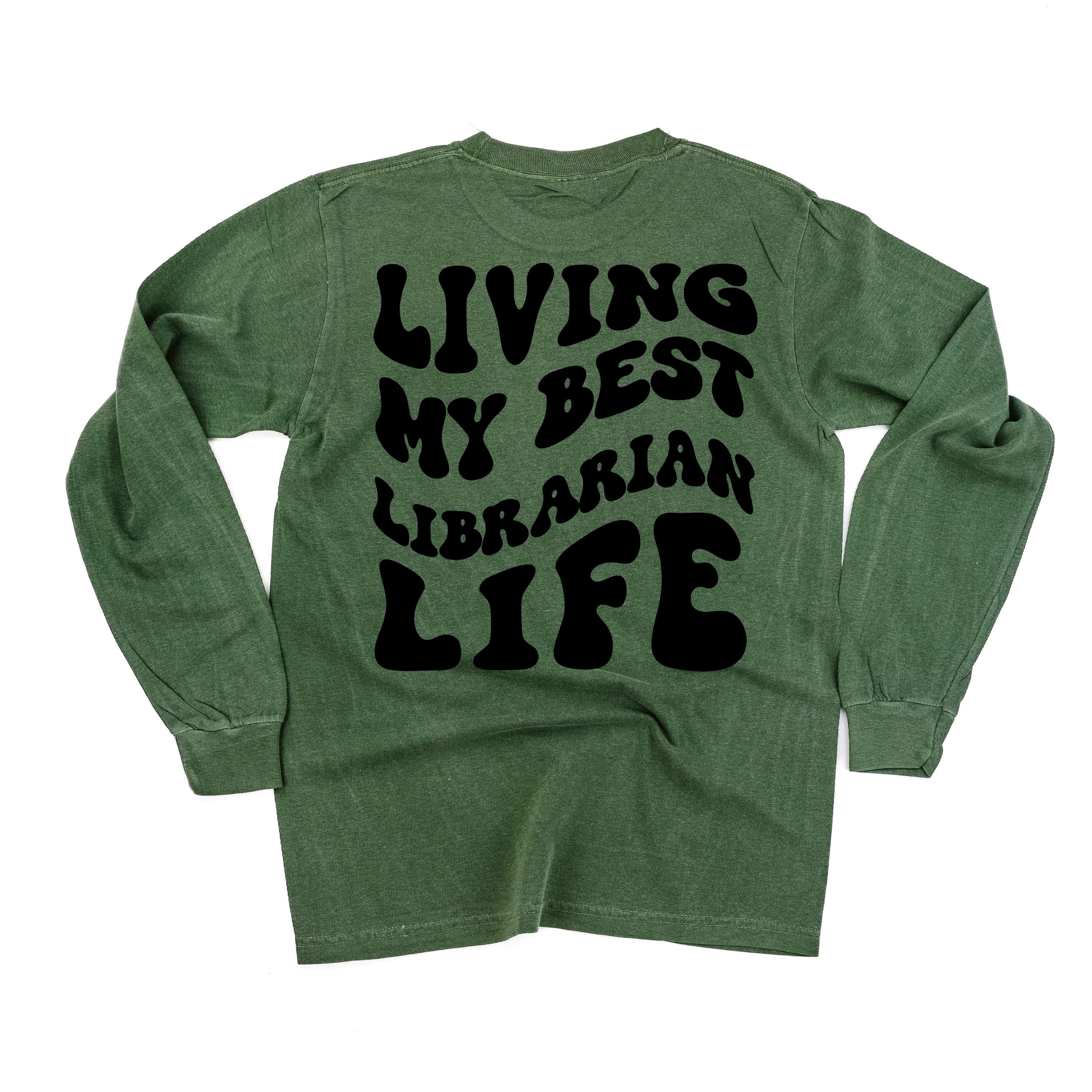 Living My Best Librarian Life - Melty Smiley (pf & b) - LONG SLEEVE Comfort Colors Tee Little Mama Shirt Shop