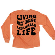Living My Best Librarian Life - Melty Smiley (pf & b) - LONG SLEEVE Comfort Colors Tee Little Mama Shirt Shop