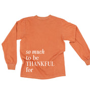Embroidered Tone on Tone LONG SLEEVE Comfort Colors Tee -  THANKFUL embroidered front with printed SO MUCH TO BE THANKFUL FOR back Little Mama Shirt Shop LLC