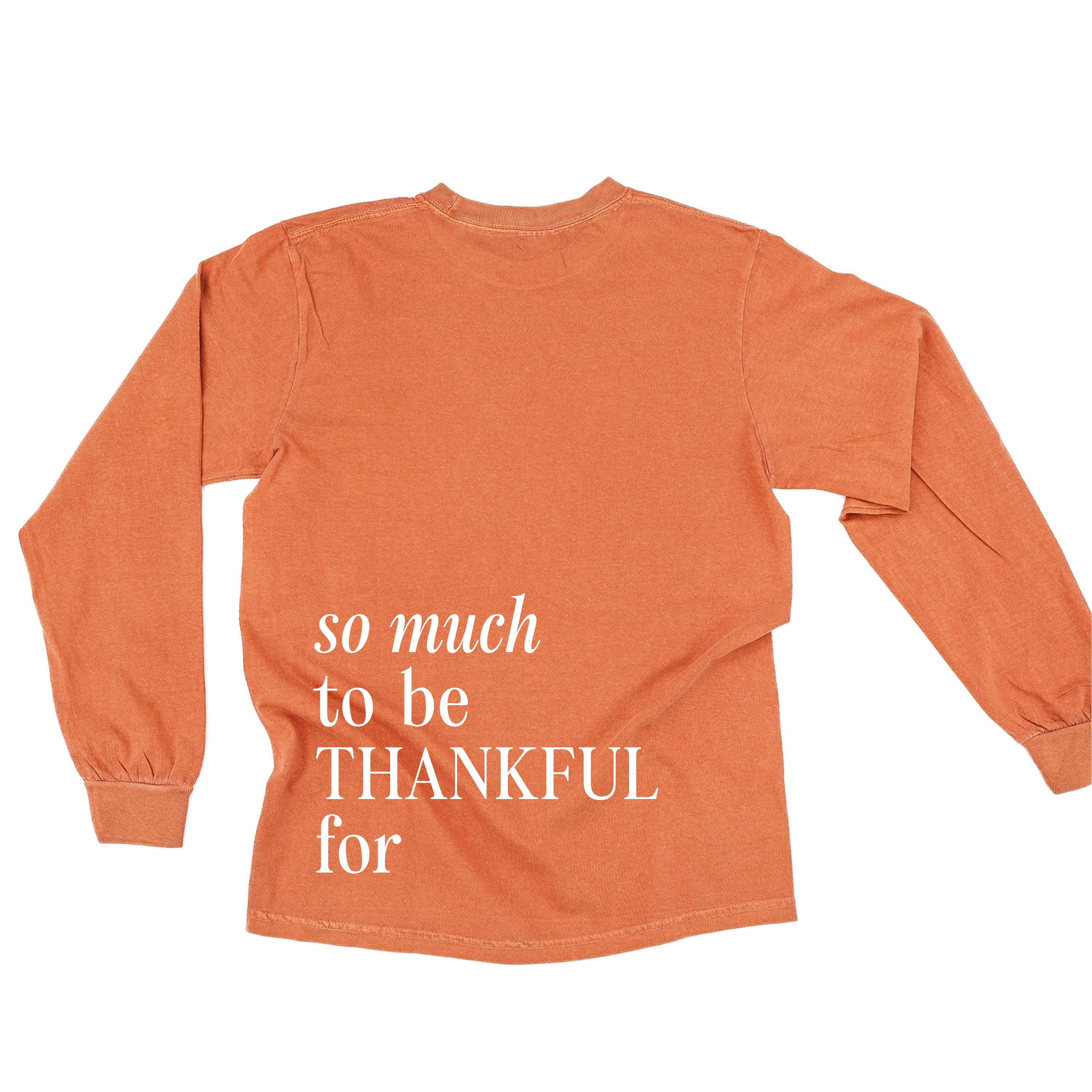 Embroidered Tone on Tone LONG SLEEVE Comfort Colors Tee -  THANKFUL embroidered front with printed SO MUCH TO BE THANKFUL FOR back Little Mama Shirt Shop LLC