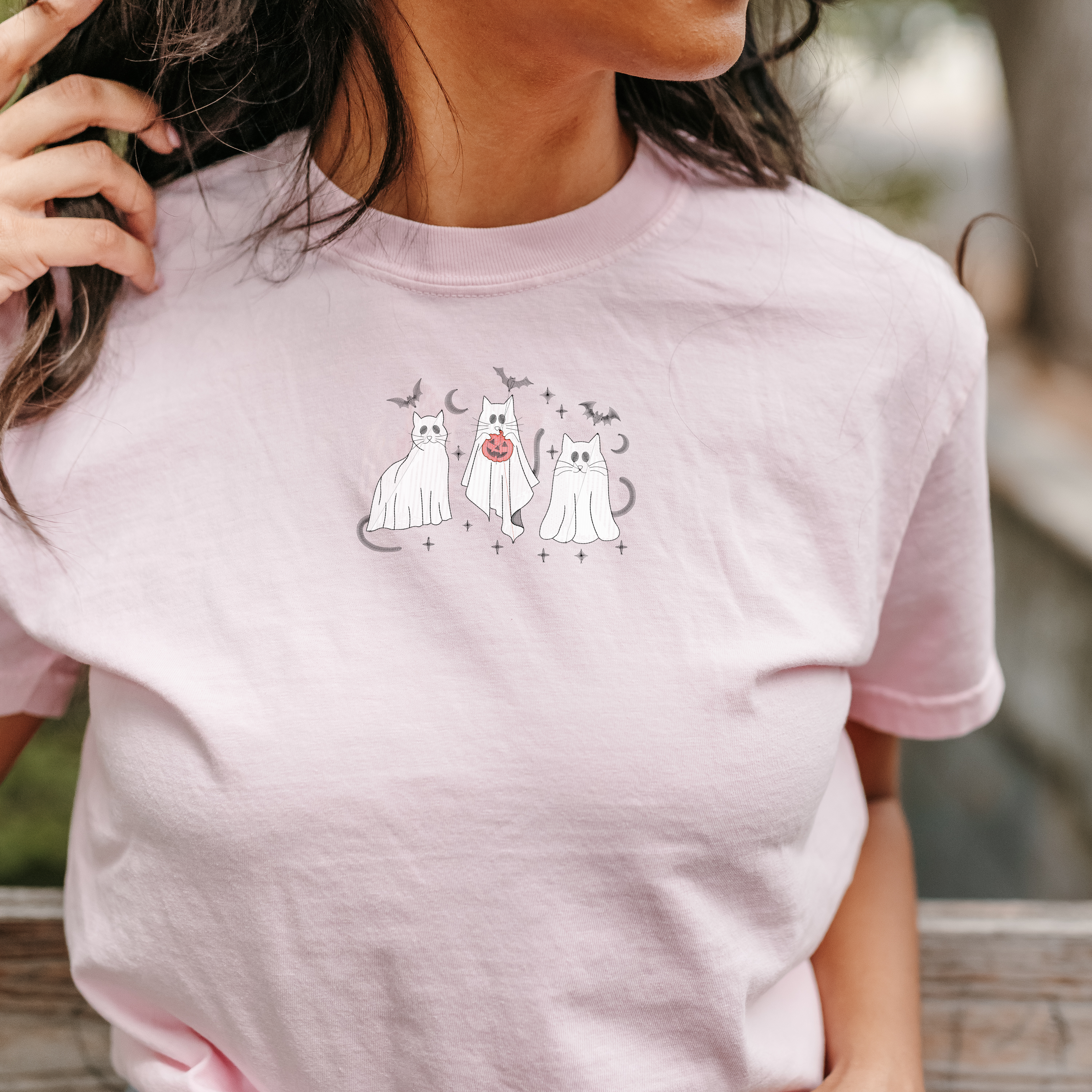 Embroidered Short Sleeve Comfort Colors Tee - Ghost Cats on the Prowl Little Mama Shirt Shop