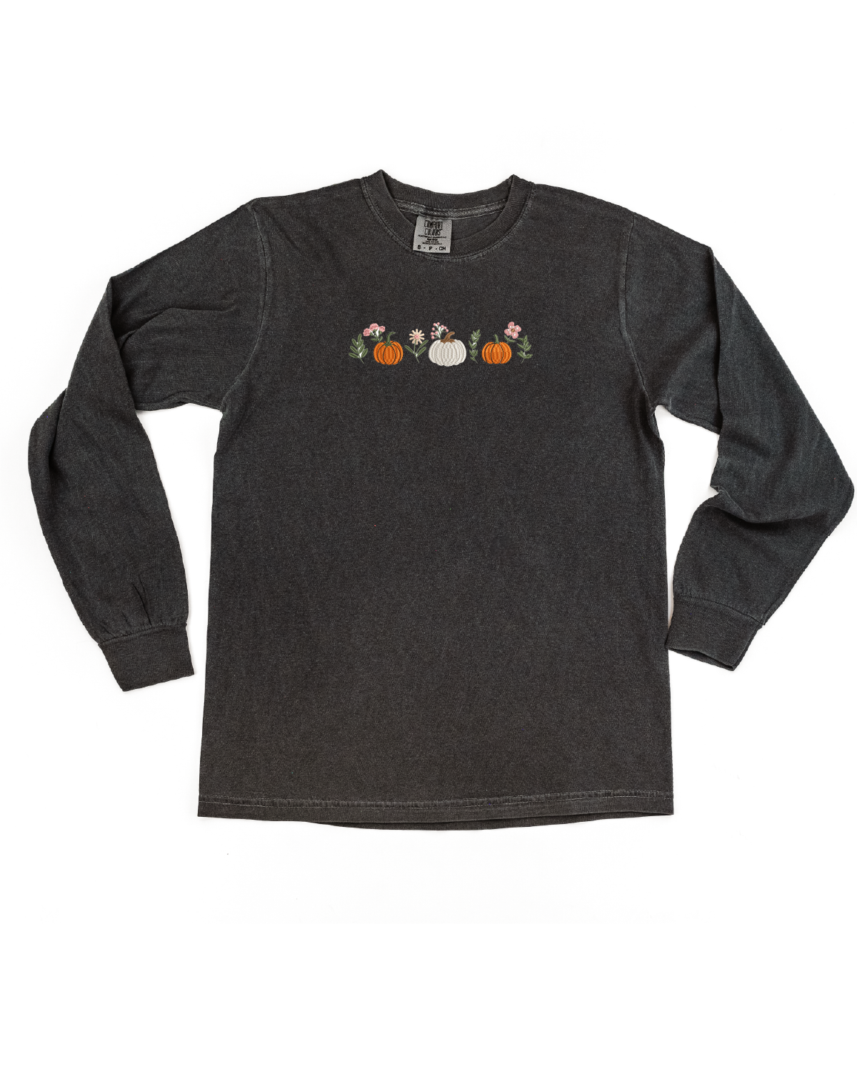 Embroidered LONG SLEEVE Comfort Colors Tee - Pumpkins and Flowers (center) Little Mama Shirt Shop