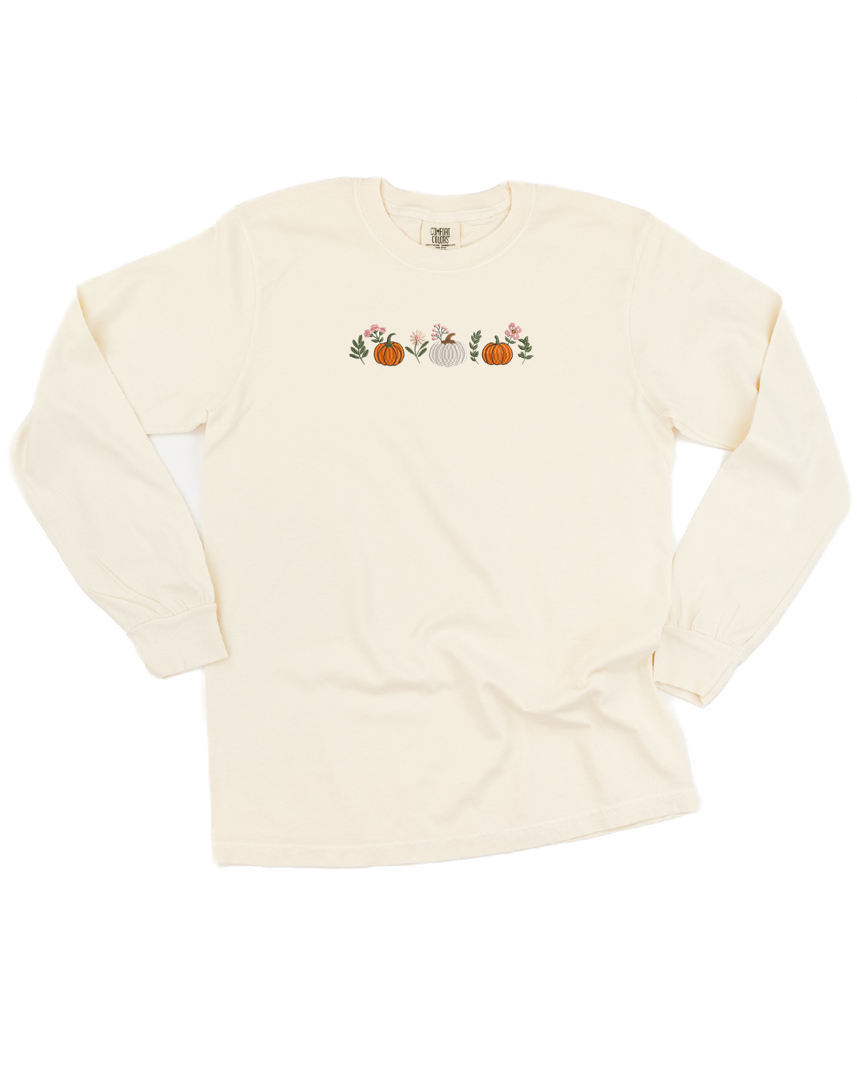 Embroidered LONG SLEEVE Comfort Colors Tee - Pumpkins and Flowers (center) Little Mama Shirt Shop