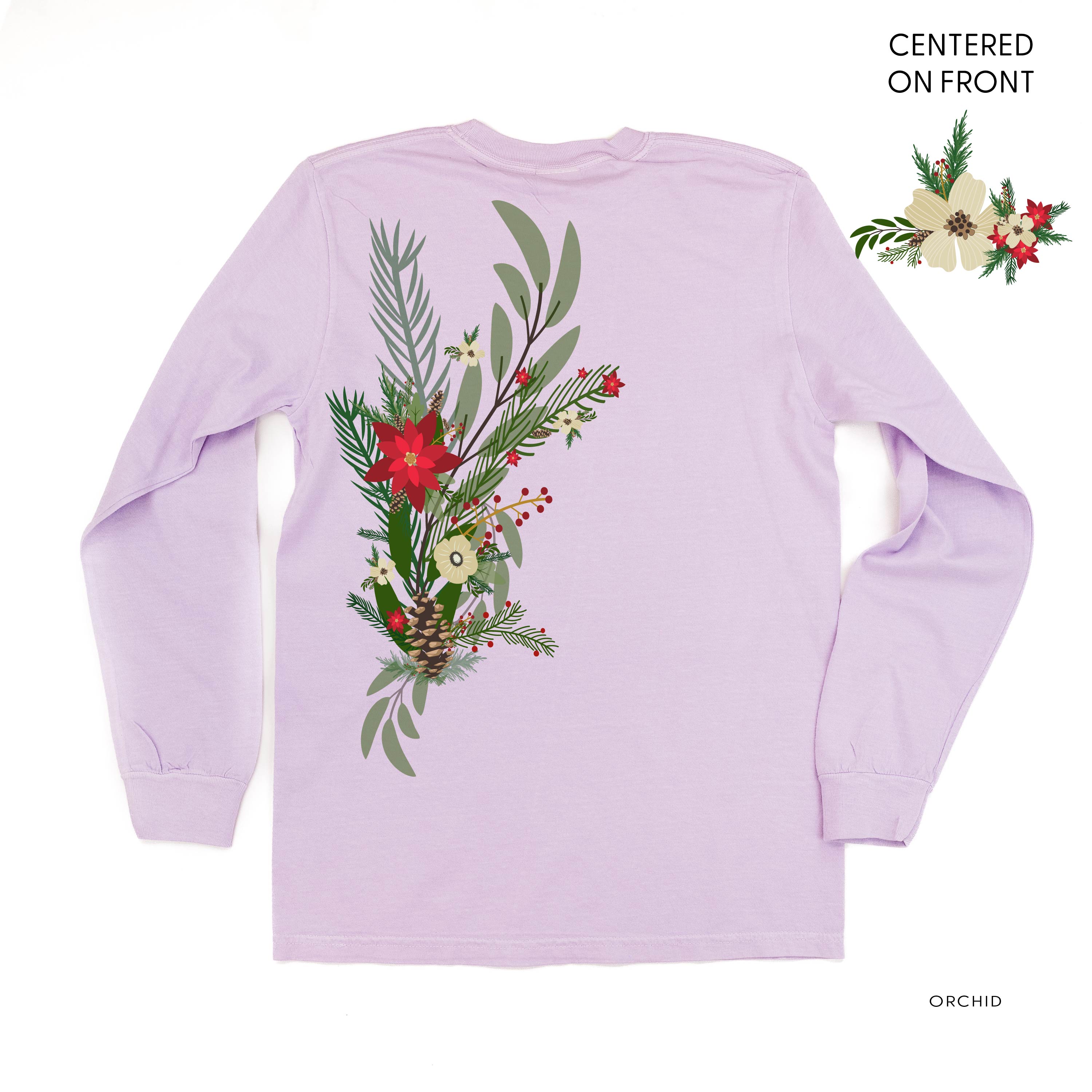 Poinsettia & Winter Flower Cascade (centered & b) - LONG SLEEVE Comfort Colors Tee Little Mama Shirt Shop