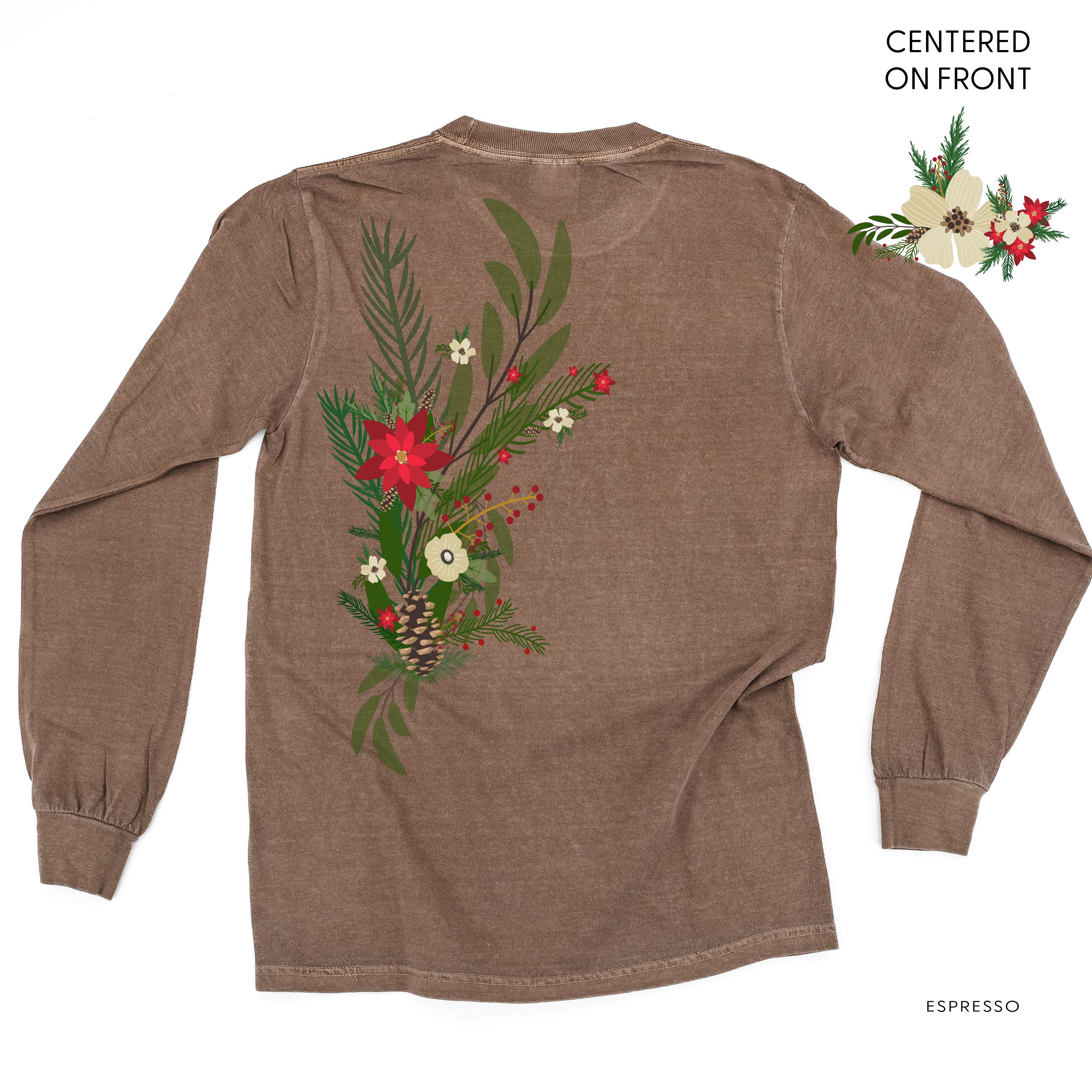 Poinsettia & Winter Flower Cascade (centered & b) - LONG SLEEVE Comfort Colors Tee Little Mama Shirt Shop