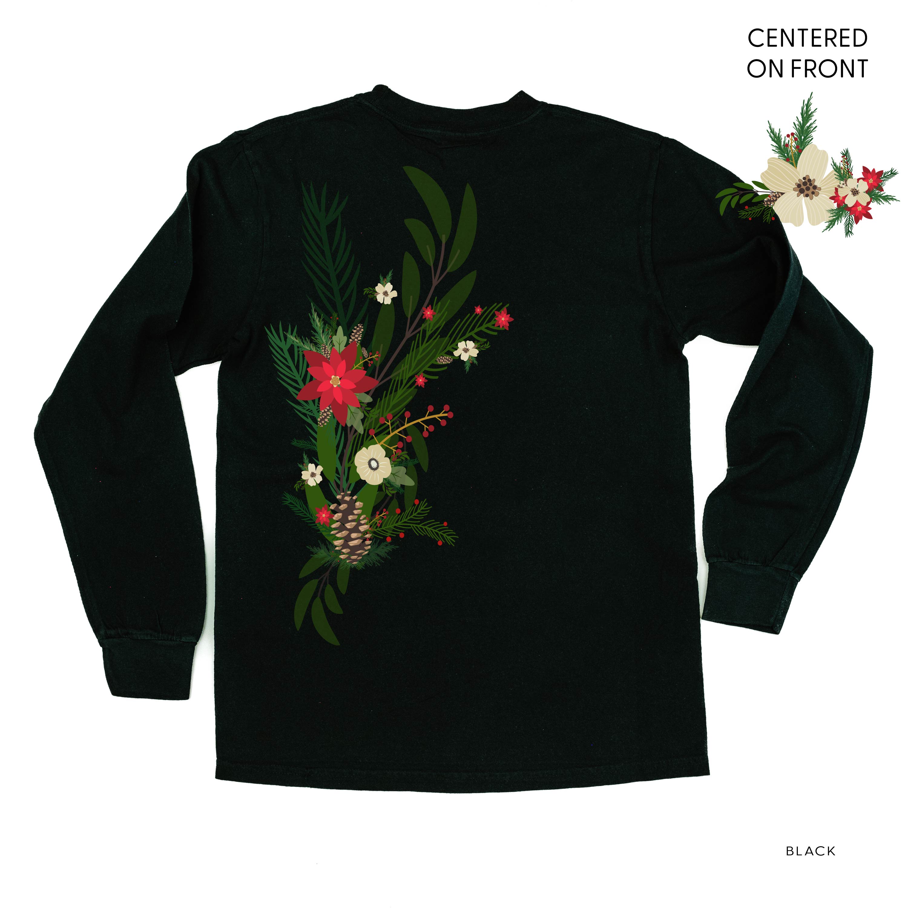Poinsettia & Winter Flower Cascade (centered & b) - LONG SLEEVE Comfort Colors Tee Little Mama Shirt Shop