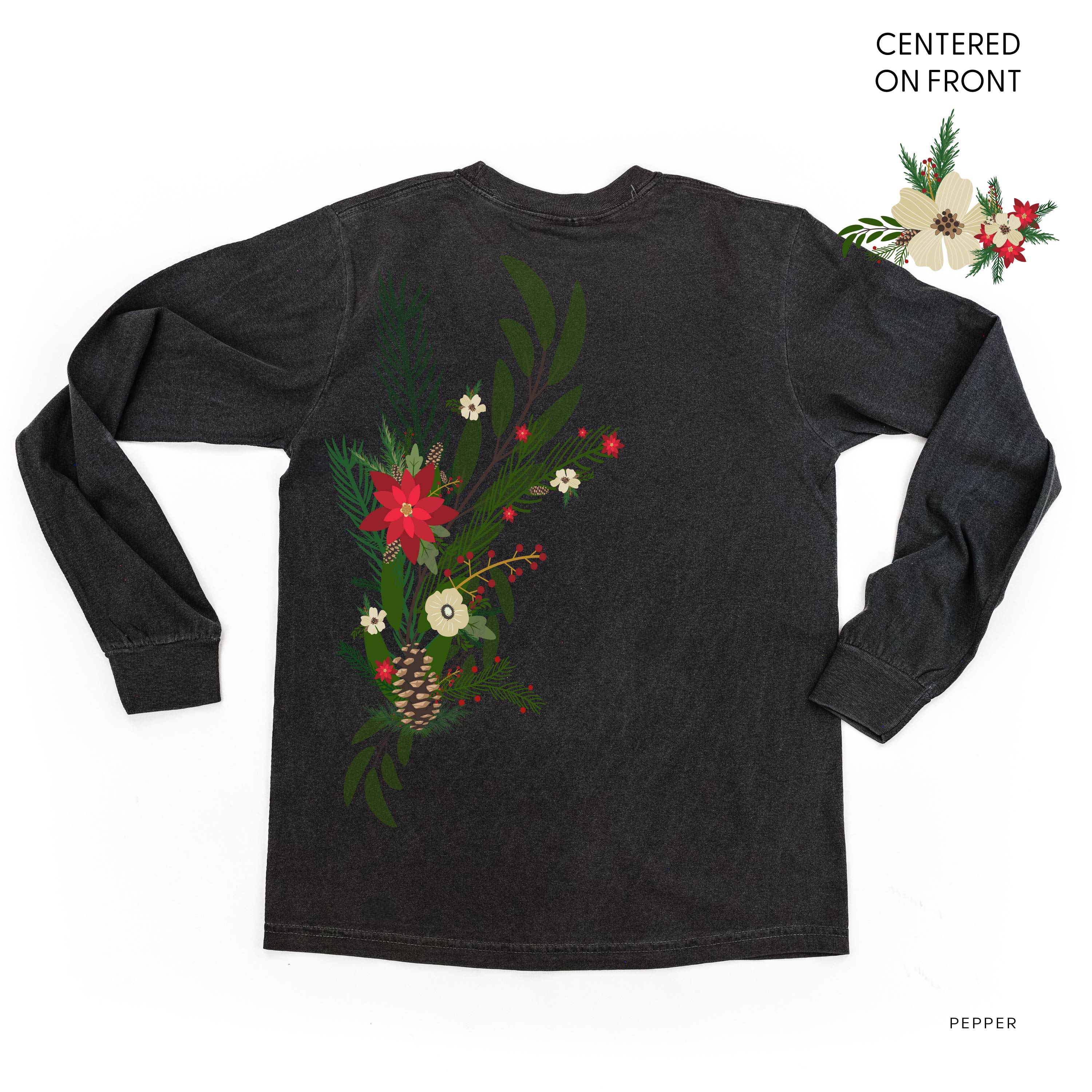 Poinsettia & Winter Flower Cascade (centered & b) - LONG SLEEVE Comfort Colors Tee Little Mama Shirt Shop