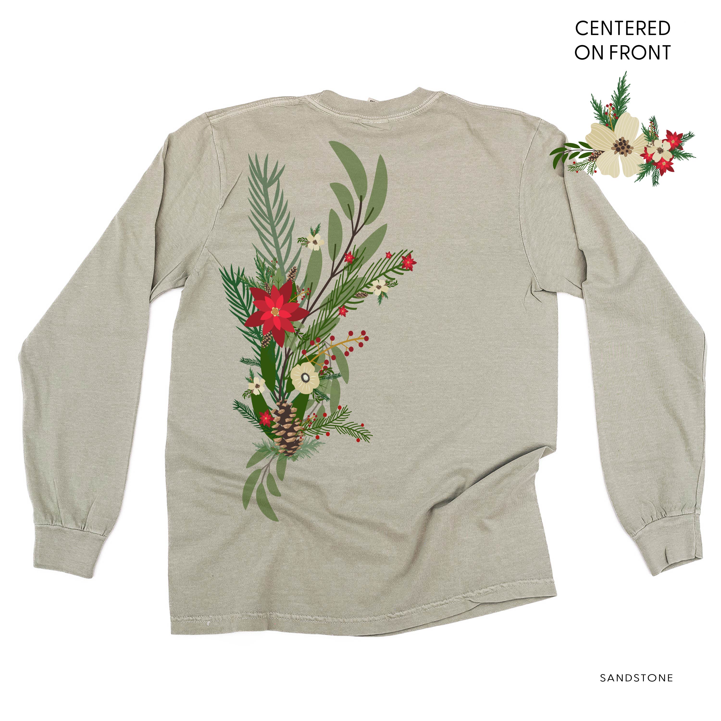 Poinsettia & Winter Flower Cascade (centered & b) - LONG SLEEVE Comfort Colors Tee Little Mama Shirt Shop
