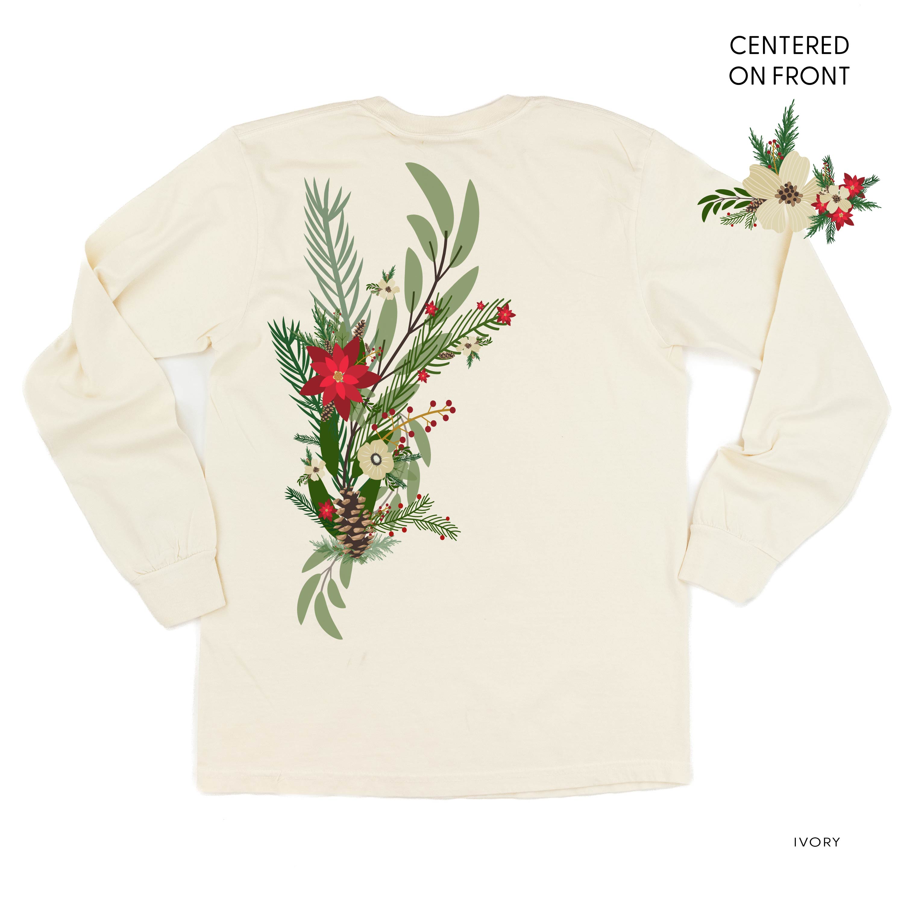 Poinsettia & Winter Flower Cascade (centered & b) - LONG SLEEVE Comfort Colors Tee Little Mama Shirt Shop
