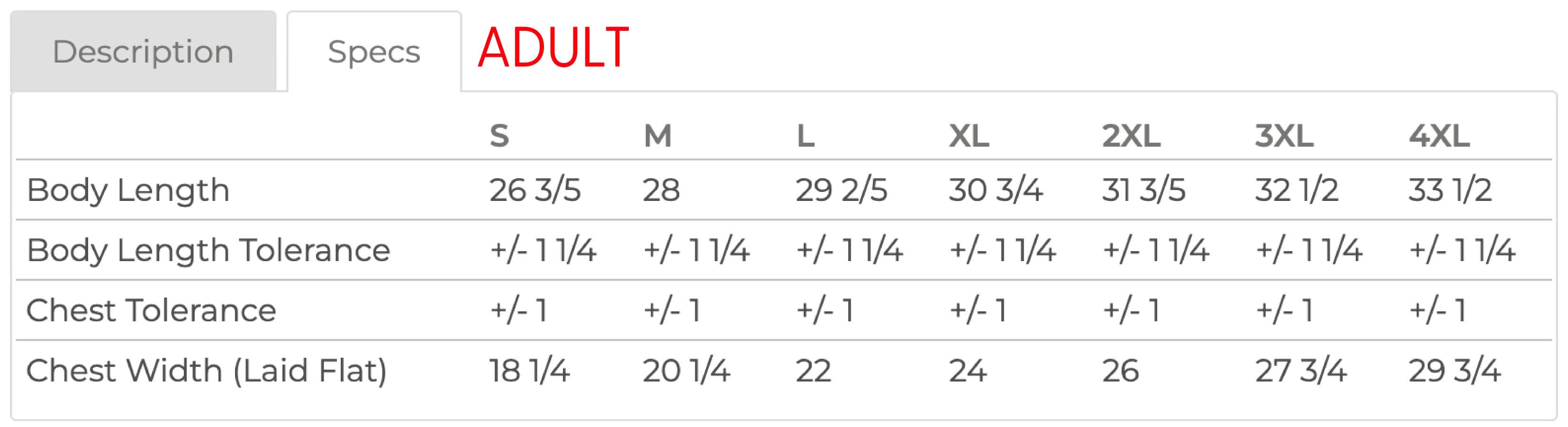 Adult tee size chart with sizes S to 4XL with measurements in inches - Little Mama Shirt Shop