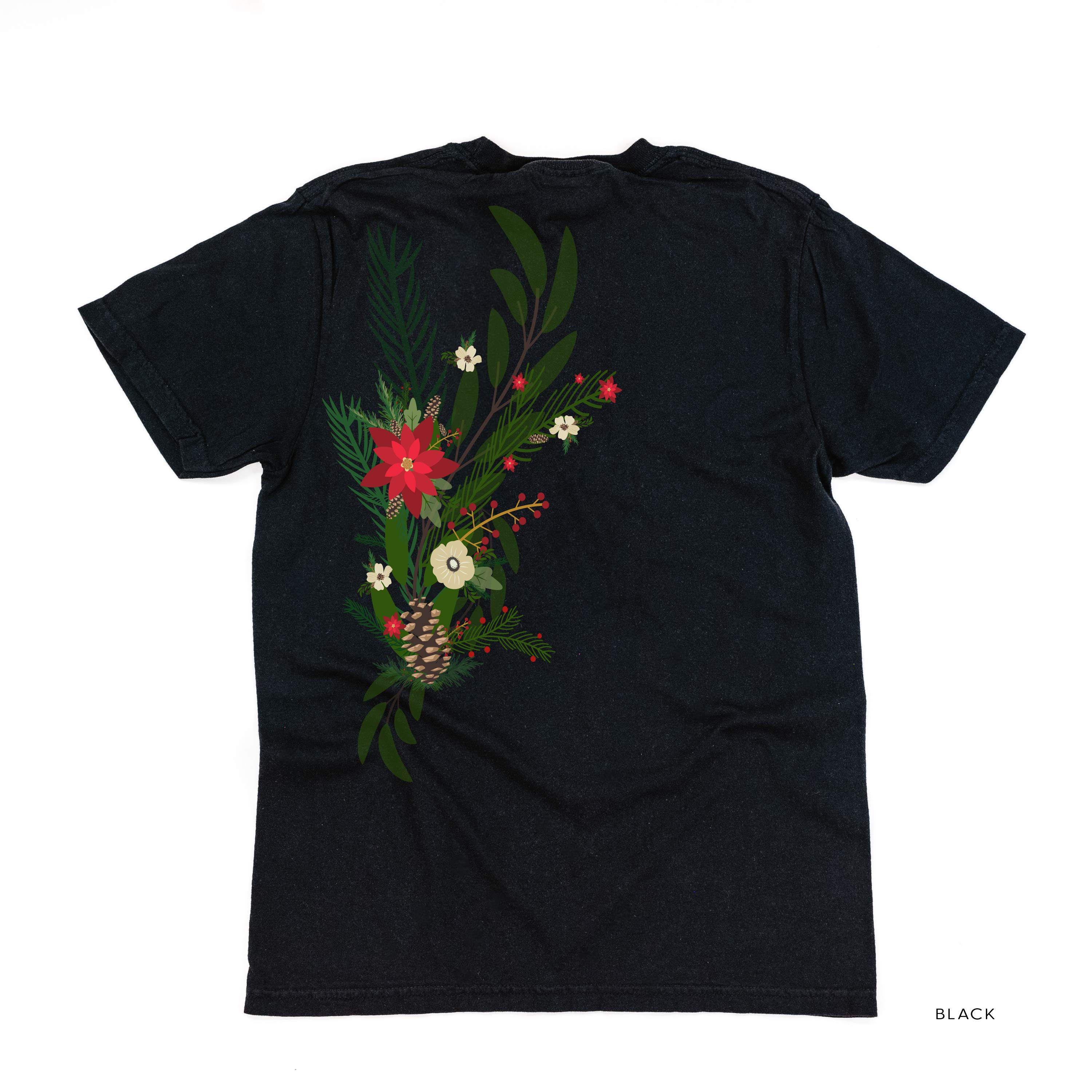 Poinsettia & Winter Flower Cascade (centered & b) - Comfort Colors Tee Little Mama Shirt Shop
