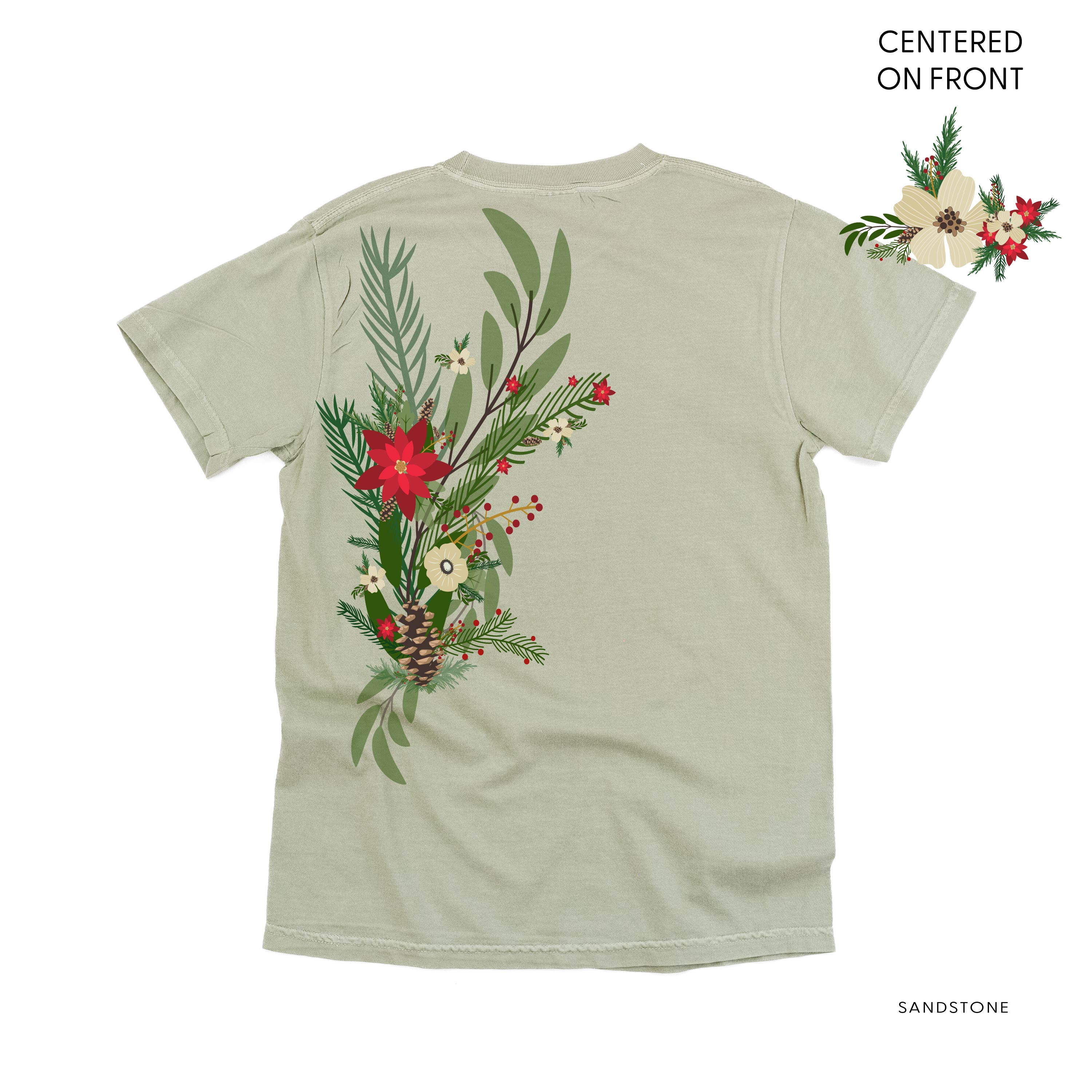 Poinsettia & Winter Flower Cascade (centered & b) - Comfort Colors Tee Little Mama Shirt Shop