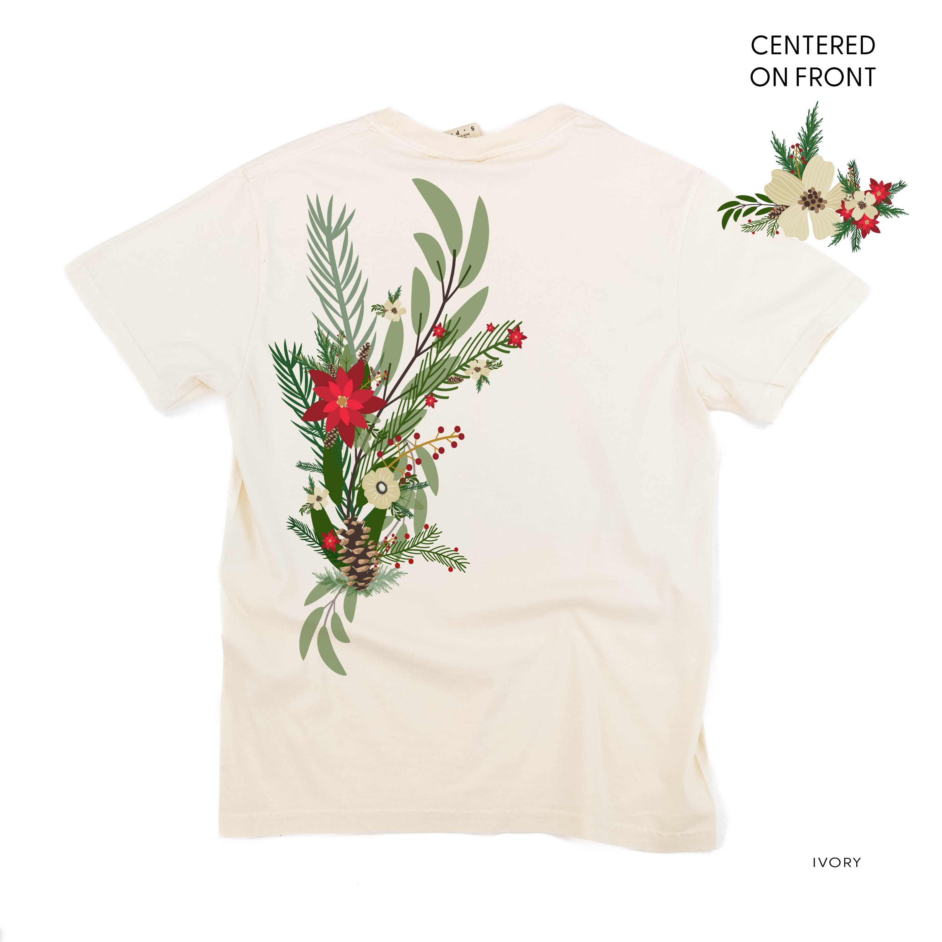 Poinsettia & Winter Flower Cascade (centered & b) - Comfort Colors Tee Little Mama Shirt Shop