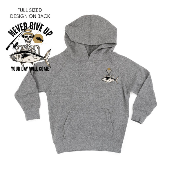 Fishing Skelly Pocket Design on Front w/ Never Give Up on Back - Child Hoodie