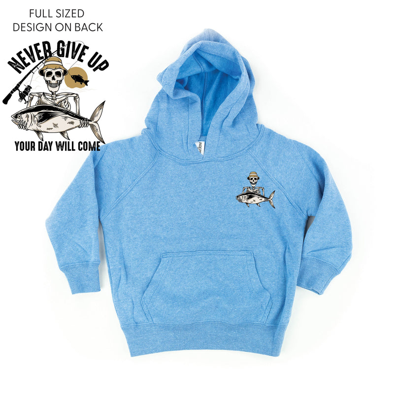 Fishing Skelly Pocket Design on Front w/ Never Give Up on Back - Child Hoodie