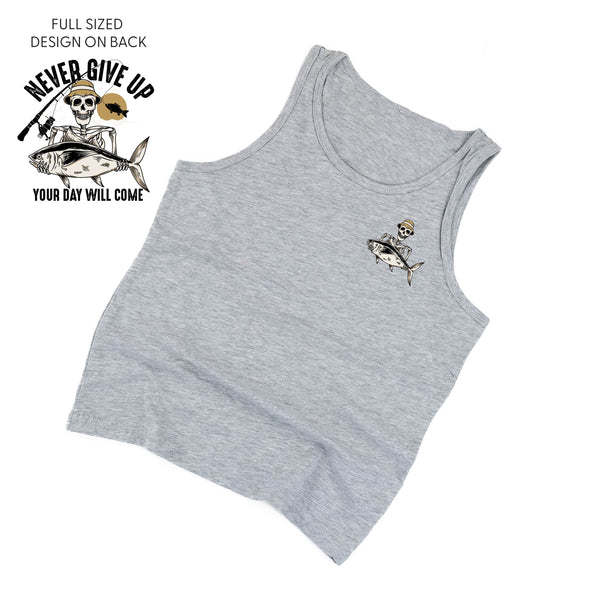 Fishing Skelly Pocket Design on Front w/ Never Give Up on Back - GRAY - CHILD Jersey Tank