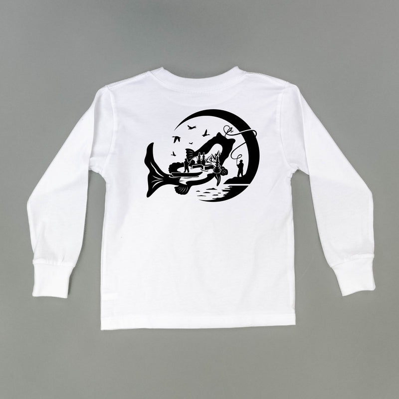 Fishing Compass Pocket Design on Front w/ Fishing Scene on Back - Long Sleeve Child Shirt