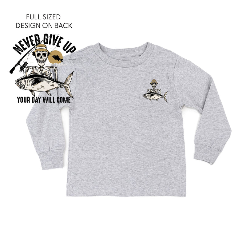 Fishing Skelly Pocket Design on Front w/ Never Give Up on Back - Long Sleeve Child Shirt