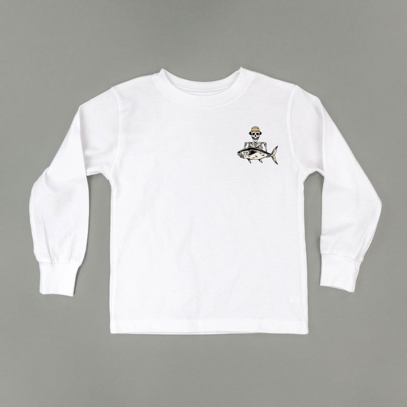 Fishing Skelly Pocket Design on Front w/ Never Give Up on Back - Long Sleeve Child Shirt