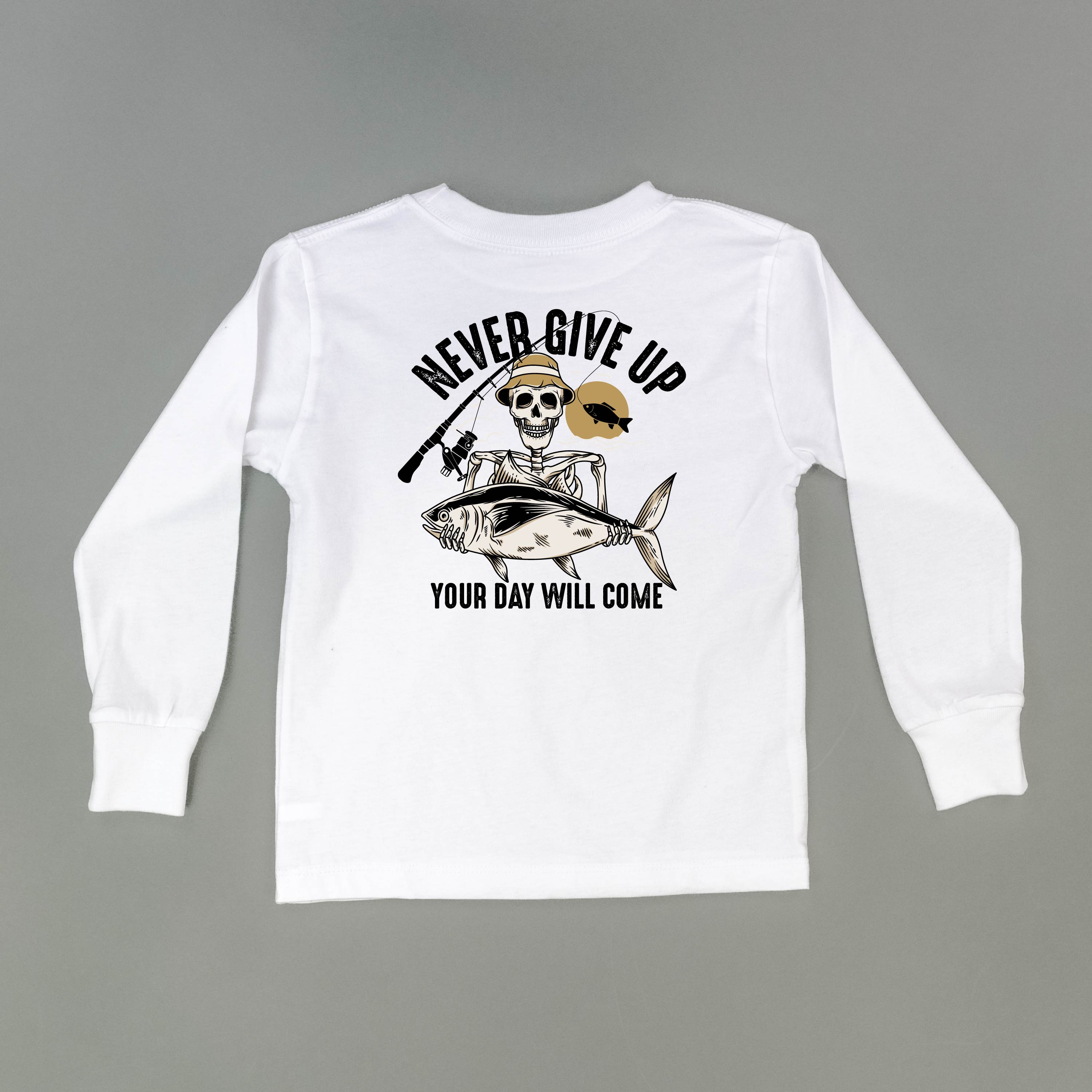 Fishing Skelly - Never Give Up (pf&b) - Child LONG SLEEVE Tee Little Mama Shirt Shop