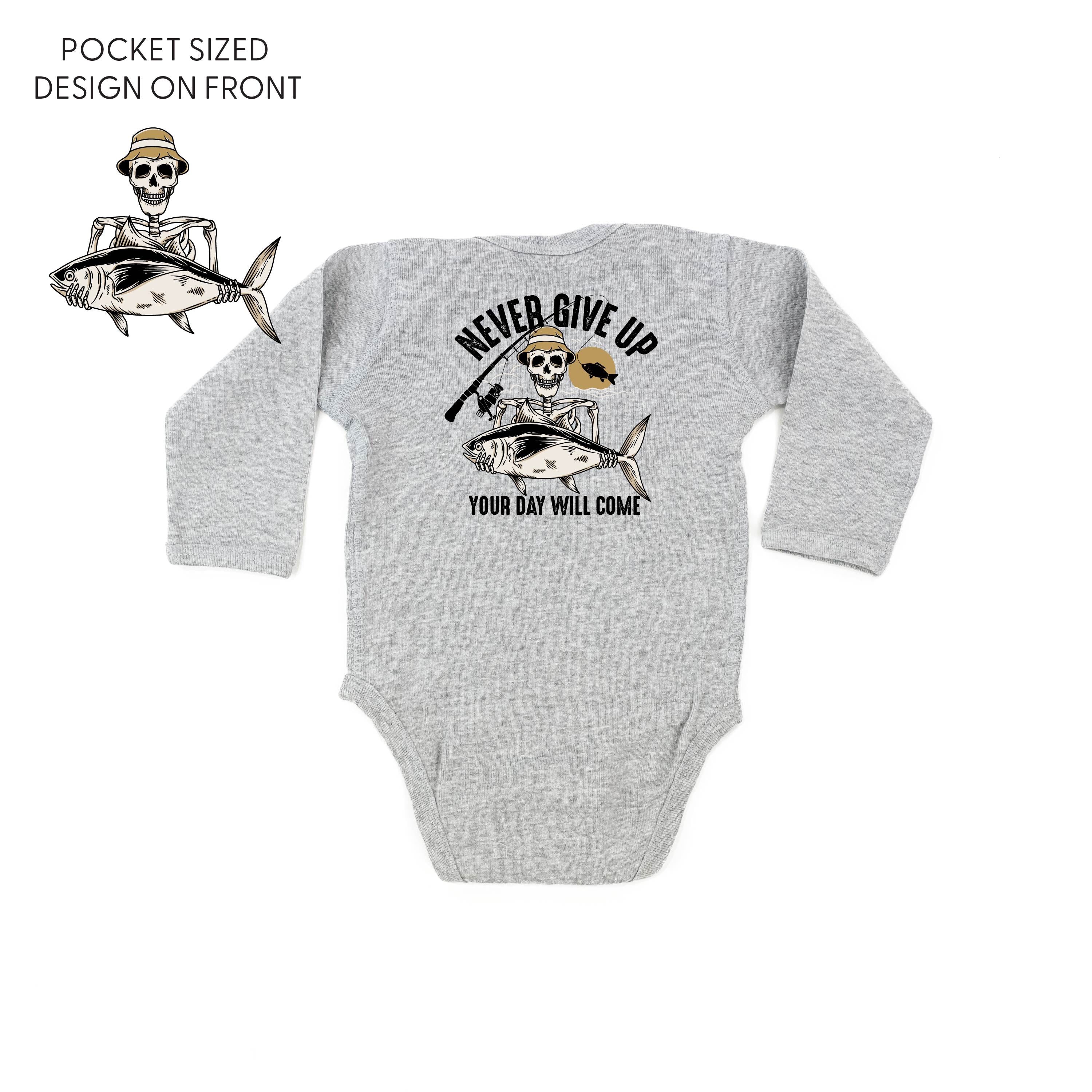 Fishing Skelly - Never Give Up (pf&b) - Child LONG SLEEVE Tee Little Mama Shirt Shop