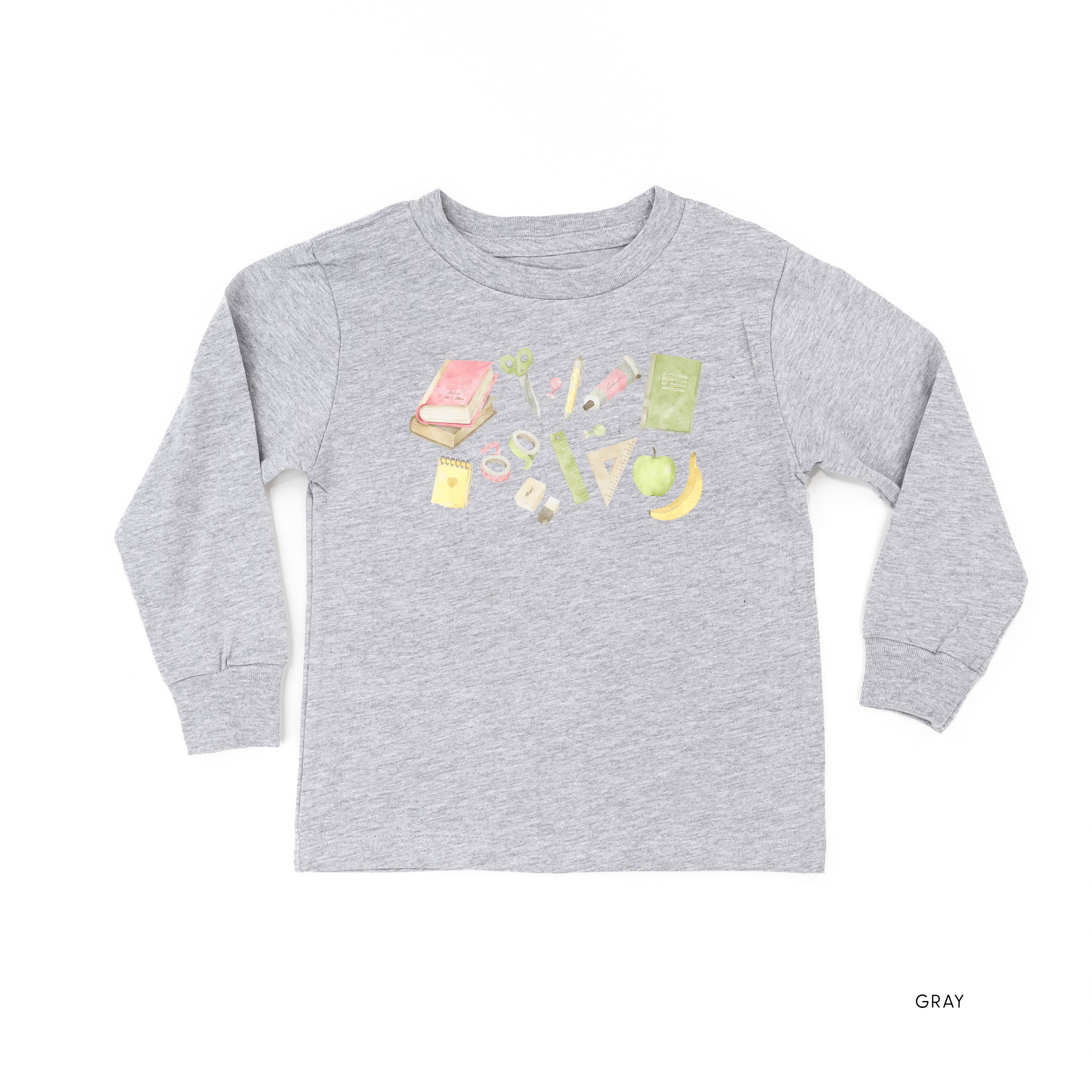 Watercolor School Supplies - Long Sleeve Child Shirt Little Mama Shirt Shop
