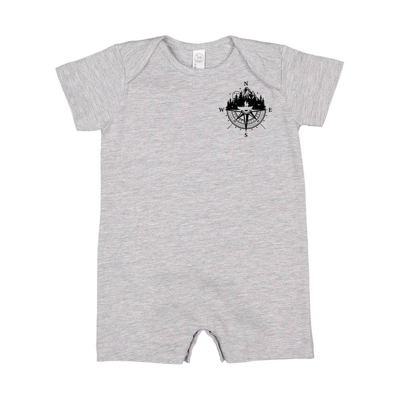 Fishing Compass Pocket Design on Front w/ Fishing Scene on Back - Short Sleeve / Shorts - One Piece Baby Romper