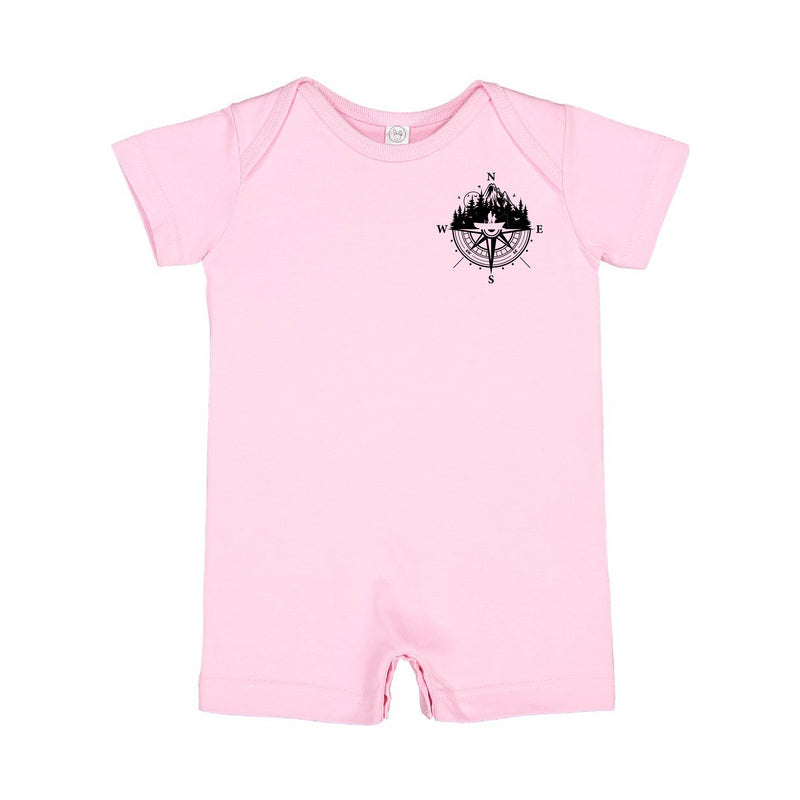 Fishing Compass Pocket Design on Front w/ Fishing Scene on Back - Short Sleeve / Shorts - One Piece Baby Romper